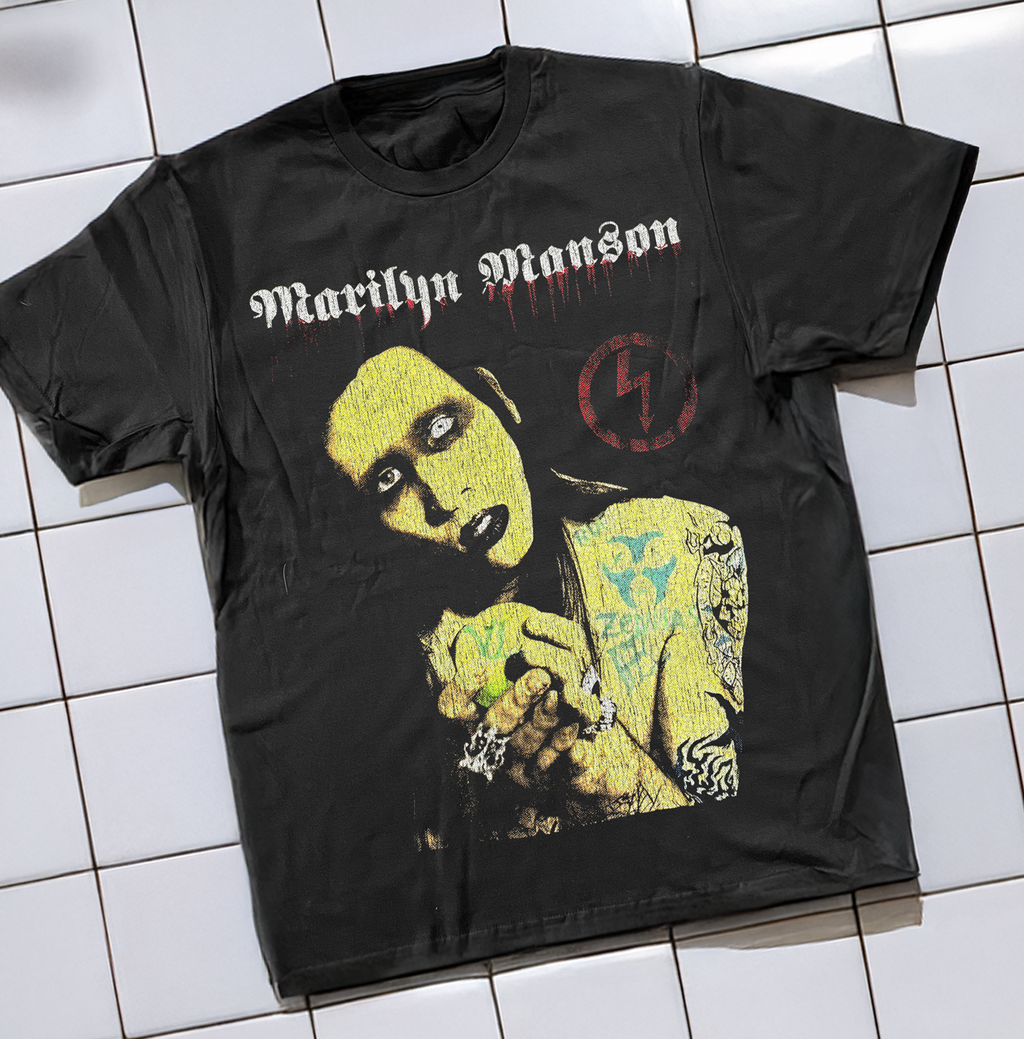 90'S MARILYN MANSON BOOT WASHED BLACK T-SHIRT Hoodie, Sweatshirt | PureTeeCo.com (Image 1)
