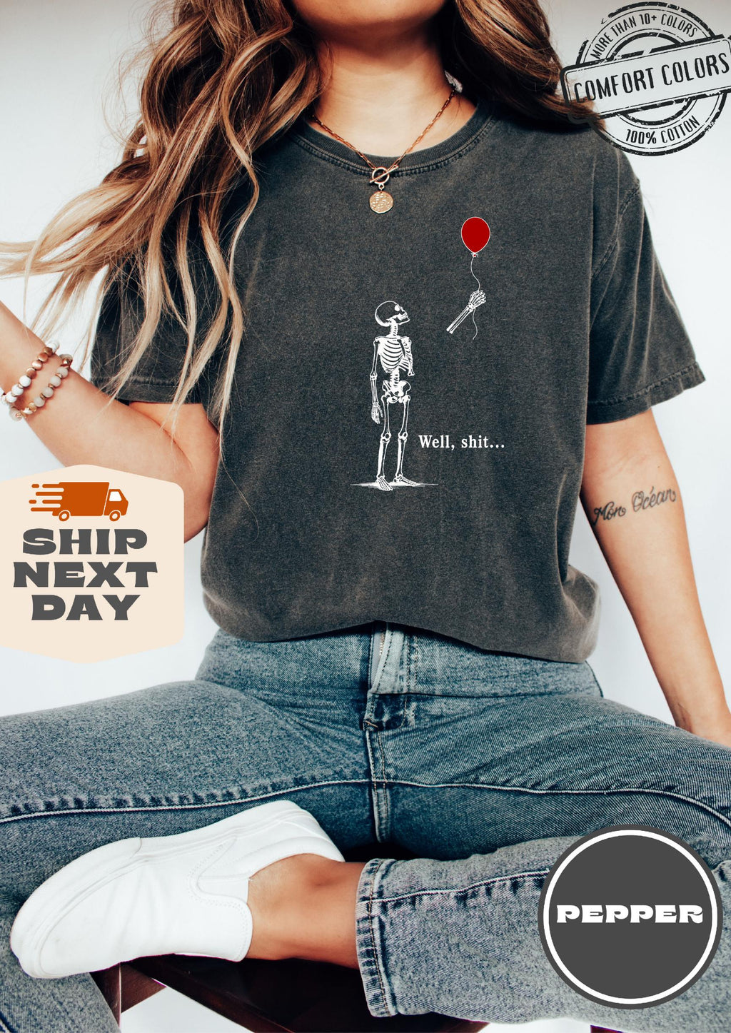 Comfort Colors Skeleton Balloon Tee Halloween Spooky Season (1)