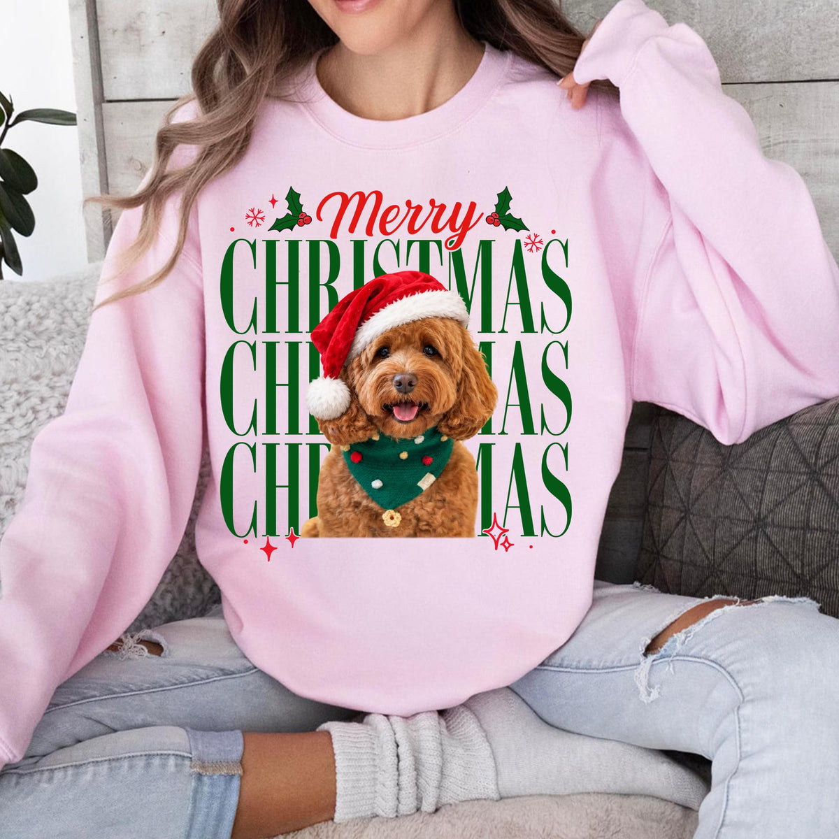 Custom Pet Photo Christmas Personalized Dog Portrai Merry Christmas Pet Tee Dog Mom Dad Holiday Dog Xmas Sweater (3)