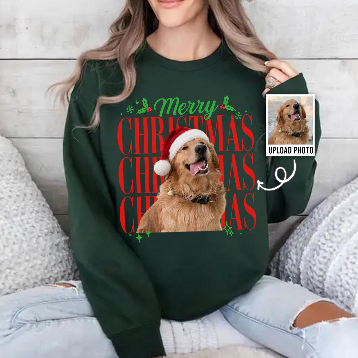 Custom Pet Photo Christmas Personalized Dog Portrai Merry Christmas Pet Tee Dog Mom Dad Holiday Dog Xmas Sweater (1)