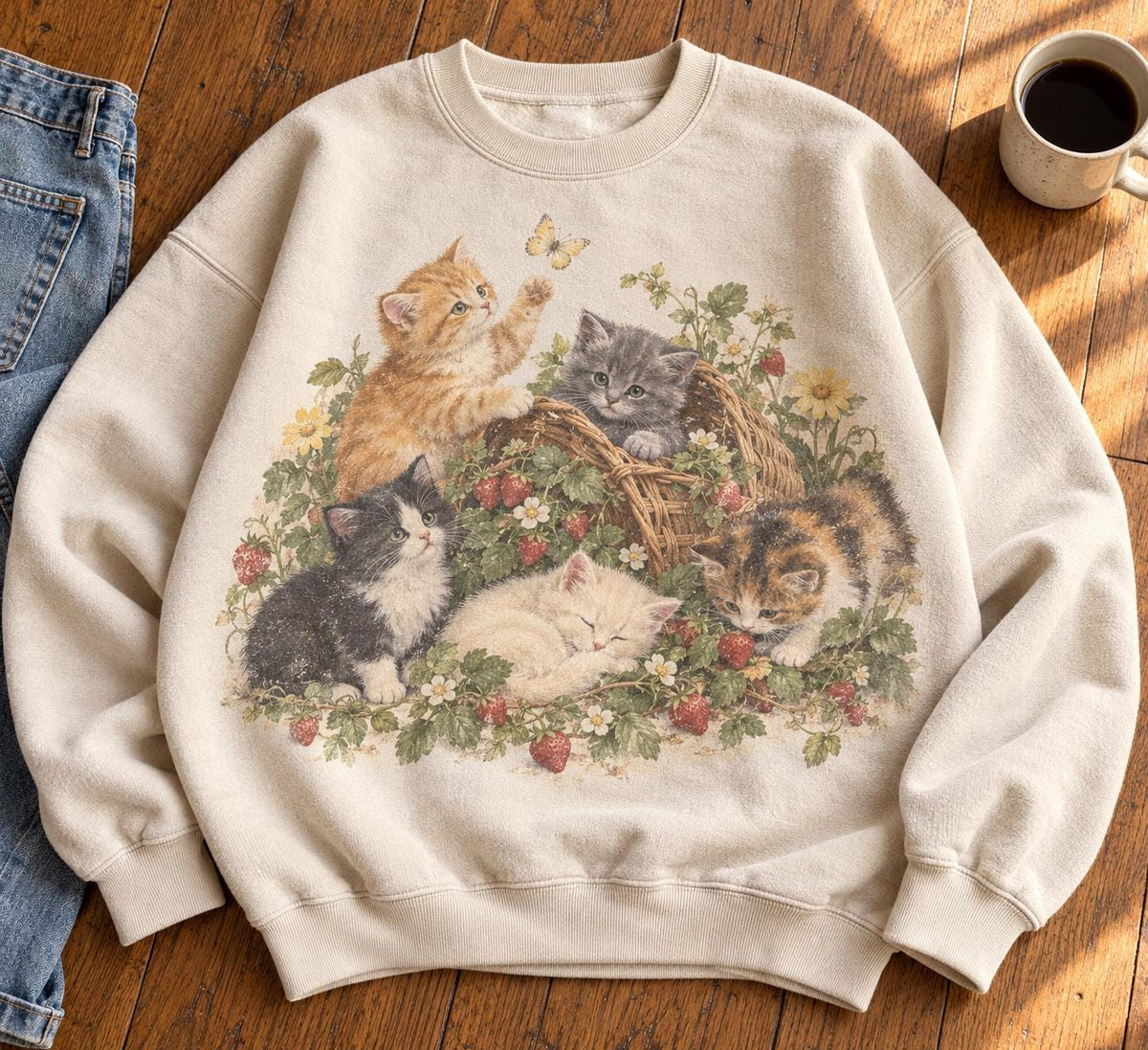 Vintage Kitten Strawberry Patch Cats Cottagecore Cat Mom Retro Floral Cat (1)
