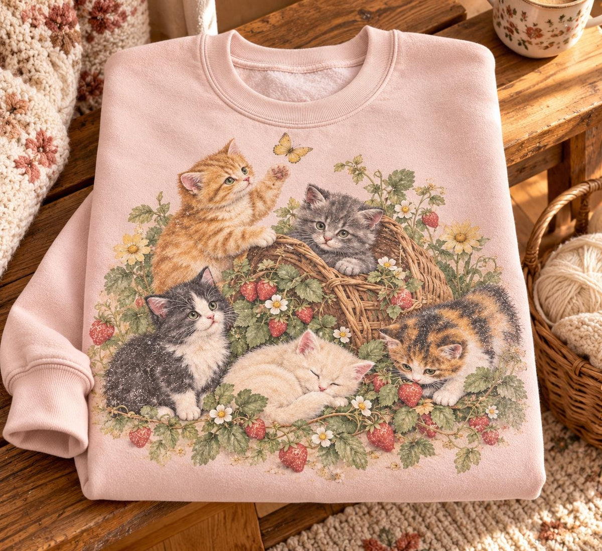 Vintage Kitten Strawberry Patch Cats Cottagecore Cat Mom Retro Floral Cat (5)