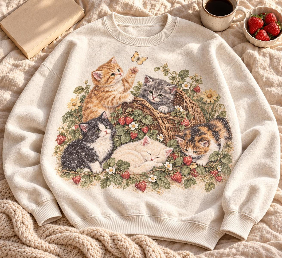 Vintage Kitten Strawberry Patch Cats Cottagecore Cat Mom Retro Floral Cat (4)