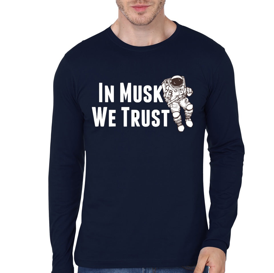 In Musk We Trust Navy Blue Full Sleeve T-Shirt Hoodie, Sweatshirt | PureTeeCo.com