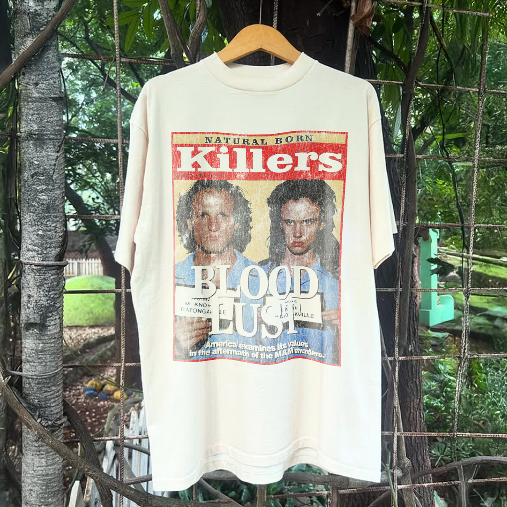 90s NATURAL BORN KILLERS 'BLOOD LUST' RARE WASHED WHITE T-SHIRT Hoodie, Sweatshirt | PureTeeCo.com (Image 1)