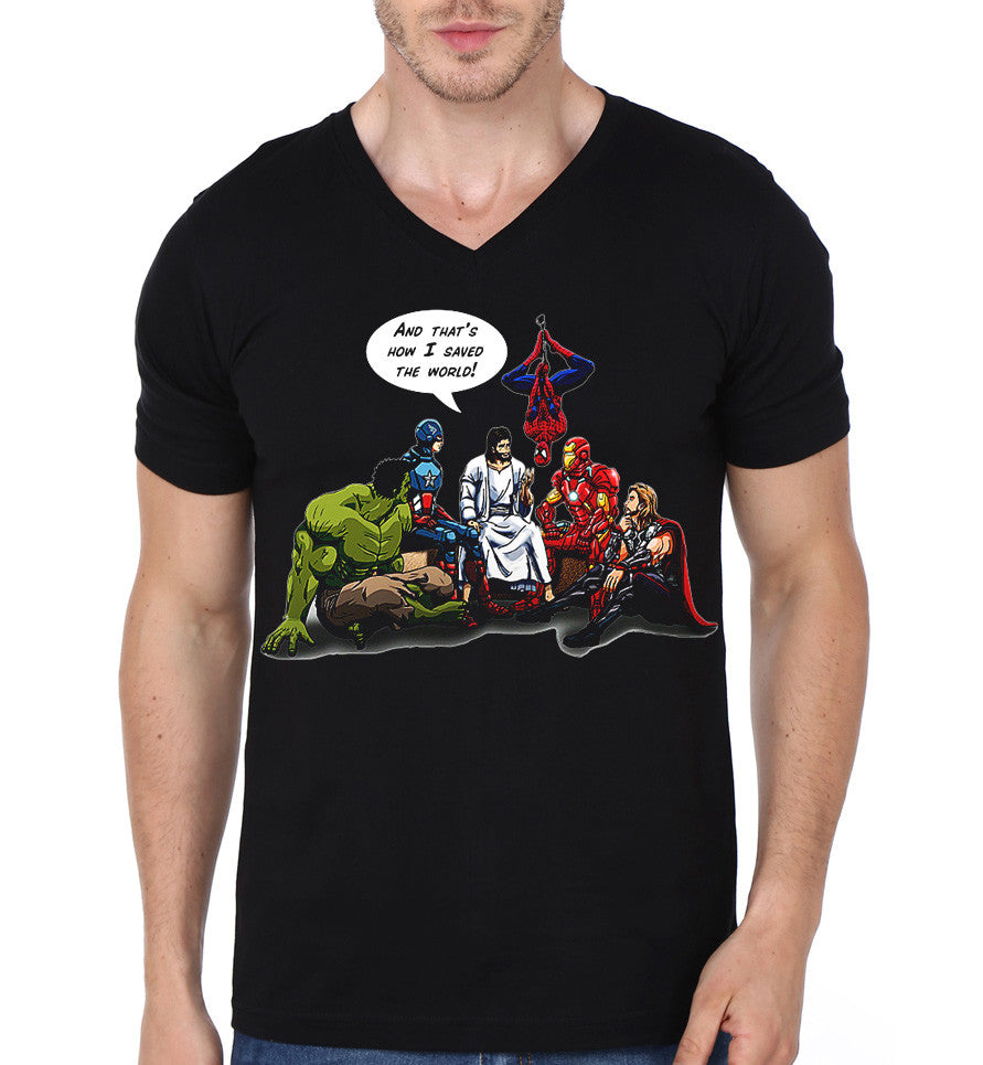 Jesus And The Avengers Thatâ€™s How I Saved The World Black V-Neck T-Shirt Hoodie, Sweatshirt | PureTeeCo.com