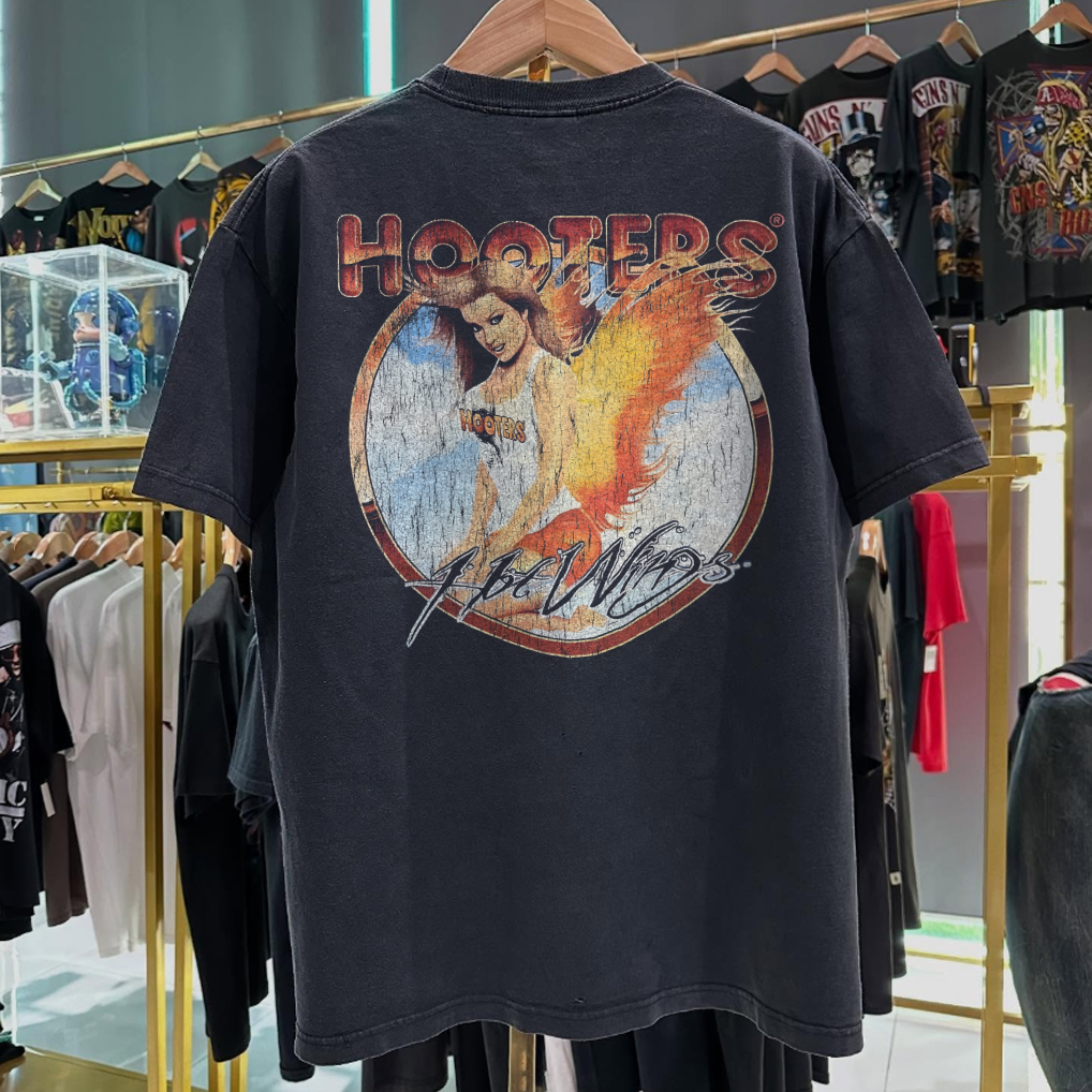 90s HOOTERS 'HOTWINGS' RARE WASHED BLACK T-SHIRT Hoodie, Sweatshirt | PureTeeCo.com (Image 2)