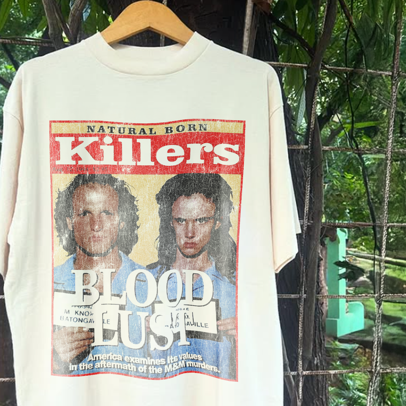 90s NATURAL BORN KILLERS 'BLOOD LUST' RARE WASHED WHITE T-SHIRT Hoodie, Sweatshirt | PureTeeCo.com (Image 2)