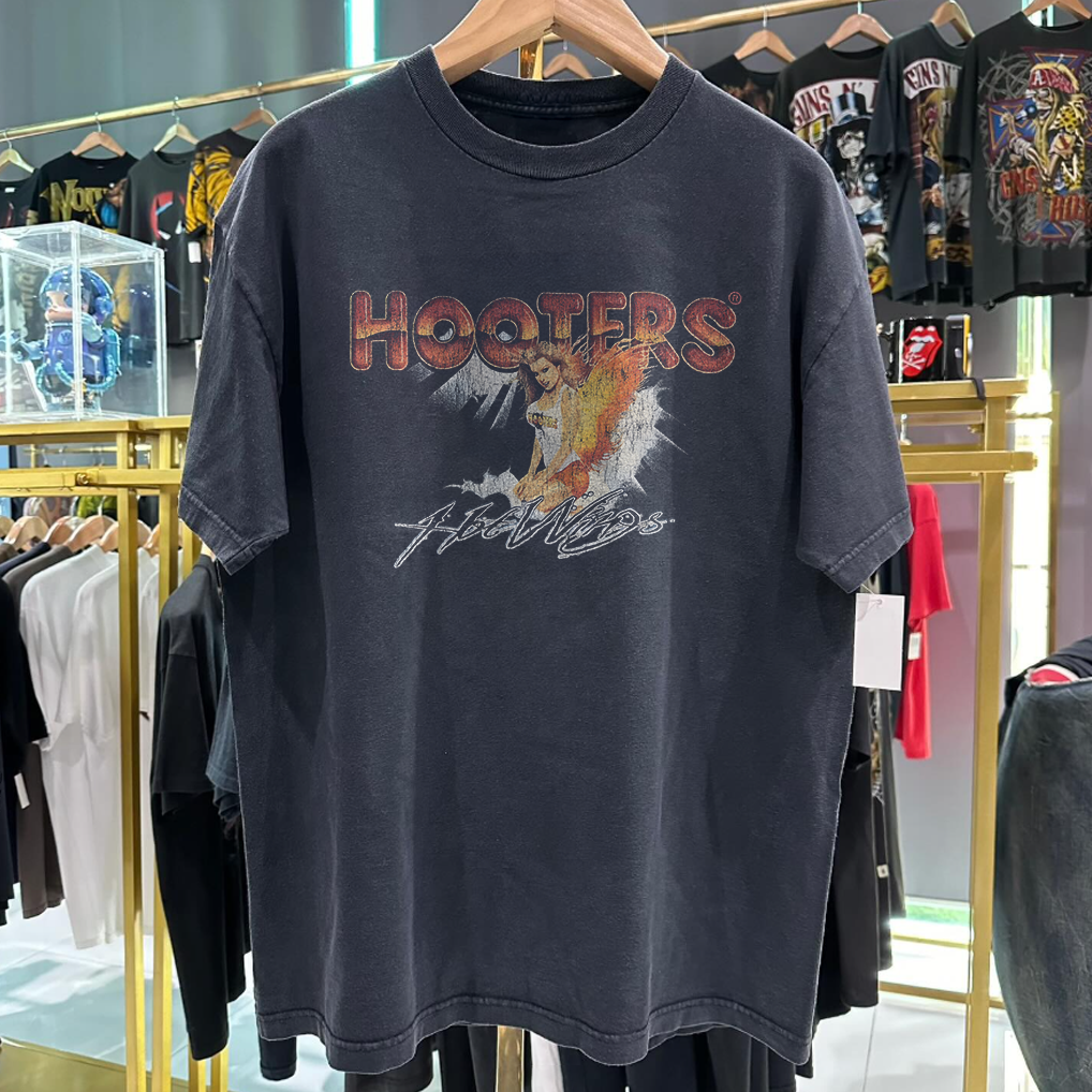 90s HOOTERS 'HOTWINGS' RARE WASHED BLACK T-SHIRT Hoodie, Sweatshirt | PureTeeCo.com (Image 1)