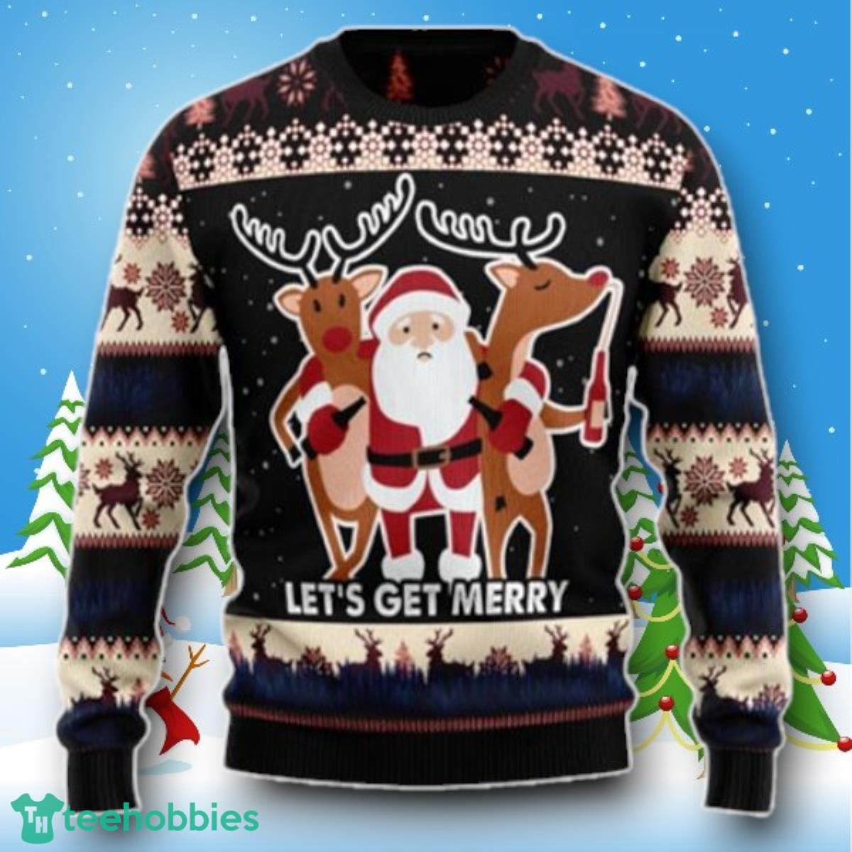 Let`s Get Merry Santa And Reindeer Cute Ugly Christmas Sweater Style Gift