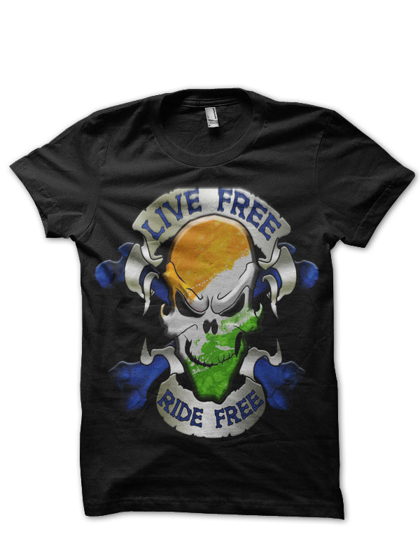 Live Free Ride Free Bike Indian Flag Skull Black T-Shirt