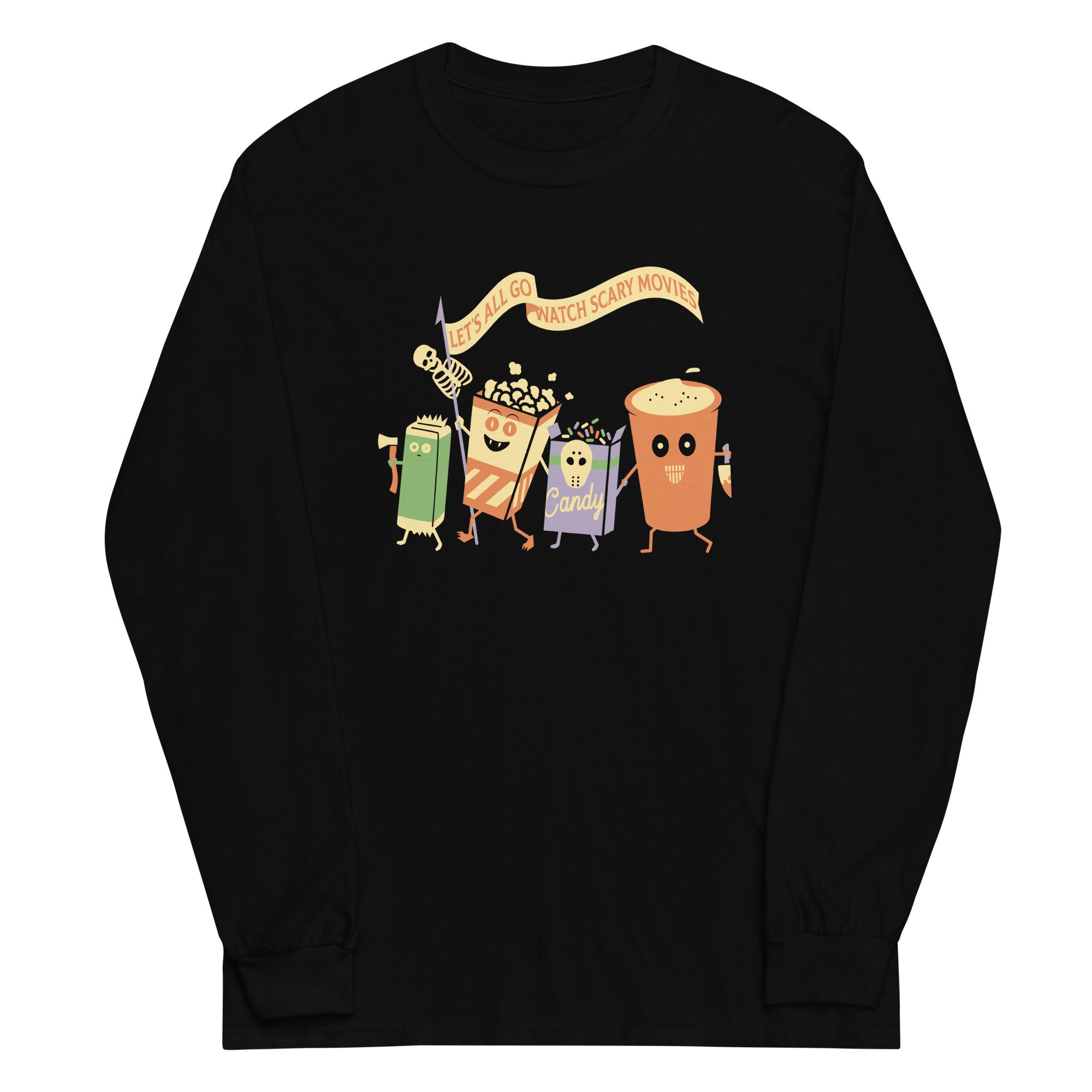 Let's All Go Watch Scary Movies Unisex Long Sleeve Tee Hoodie, Sweatshirt | PureTeeCo.com (Image 1)