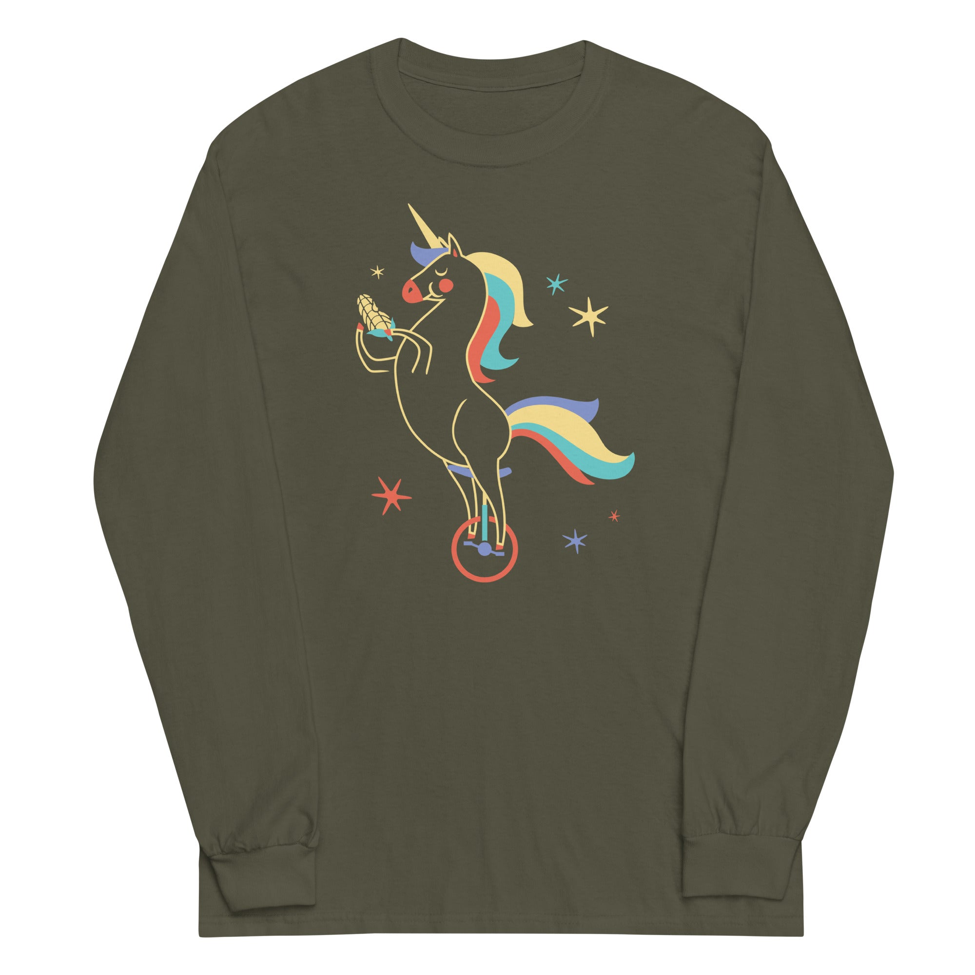 Unicycling Unicorn With Corn Unisex Long Sleeve Tee Hoodie, Sweatshirt | PureTeeCo.com (Image 1)