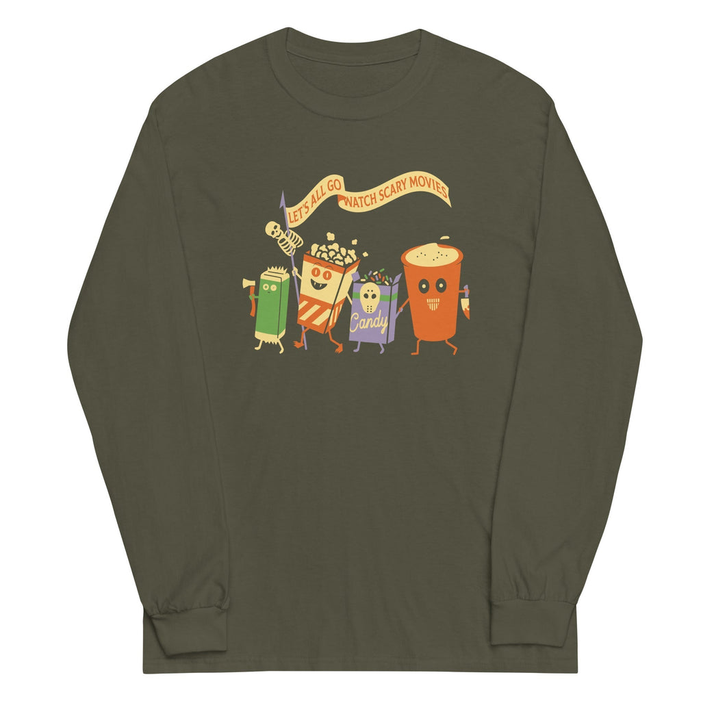 Let's All Go Watch Scary Movies Unisex Long Sleeve Tee Hoodie, Sweatshirt | PureTeeCo.com (Image 3)