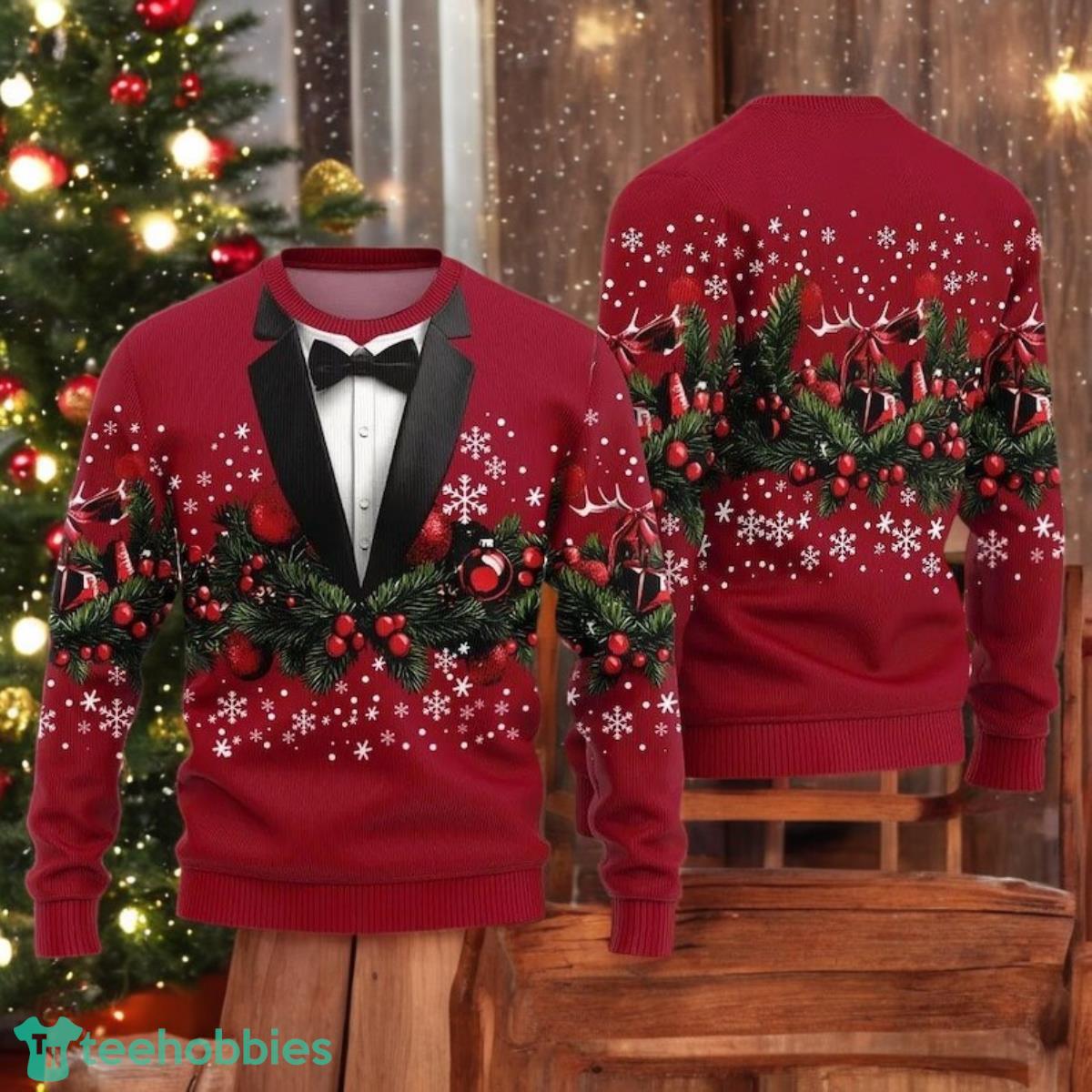 Men’s Red Suit Ugly Christmas Sweater Funny Tuxedo With Bow Tie Sweater