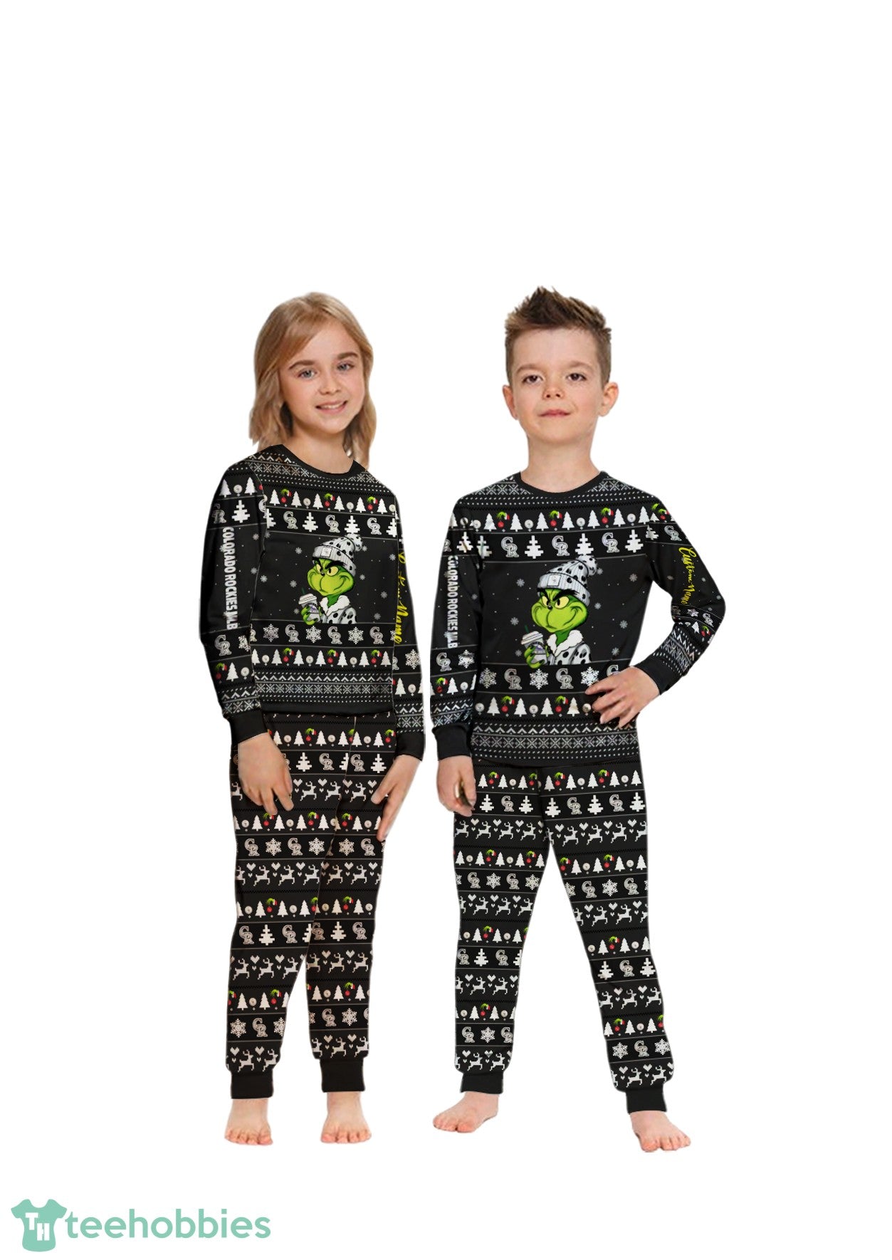 MLB Grinch Colorado Rockies MLB Custom Name Christmas Knitting Pattern Matching Family Pajamas Set