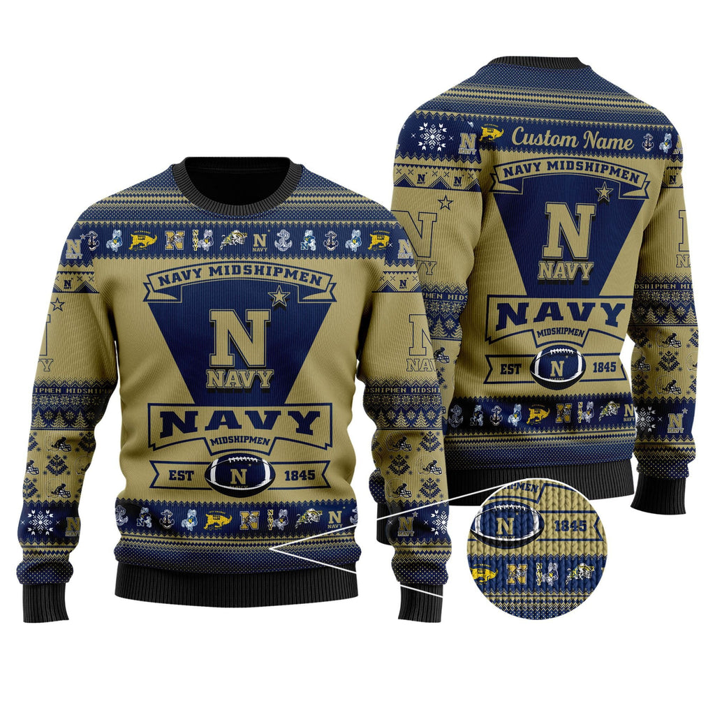 Navy Midshipmen Football Team Logo Custom Name Personalized Ugly Christmas Sweater Perfect Holiday Gift