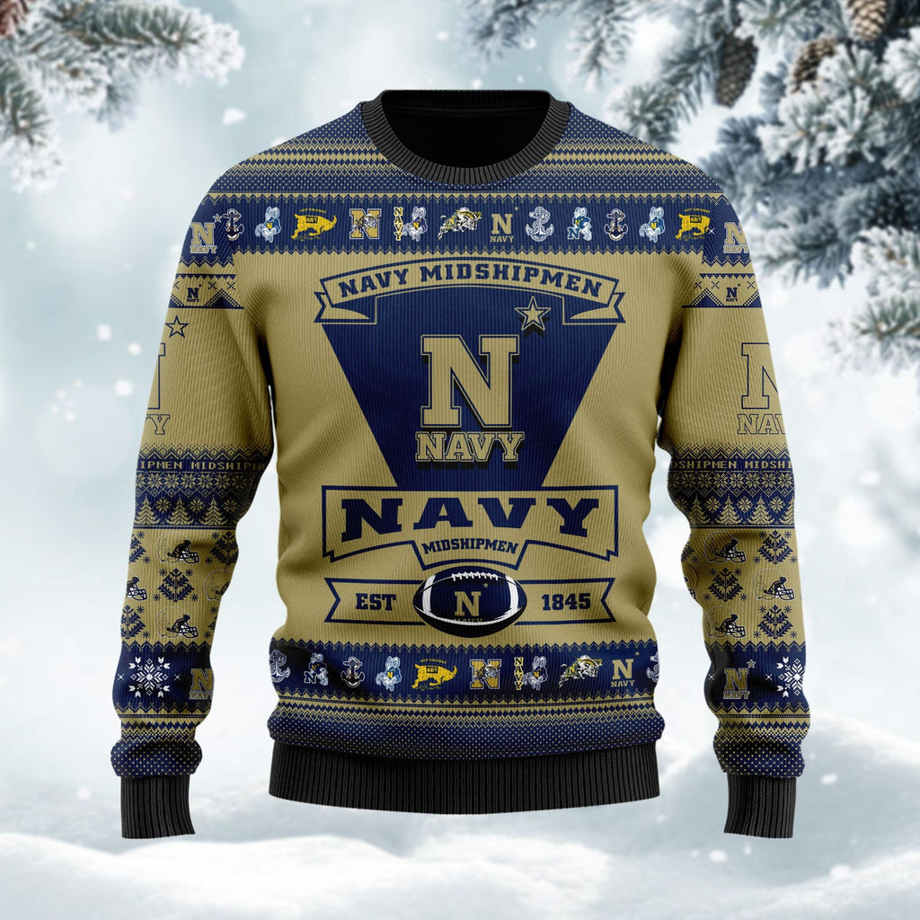 Navy Midshipmen Football Team Logo Custom Name Personalized Ugly Christmas Sweater Perfect Holiday Gift