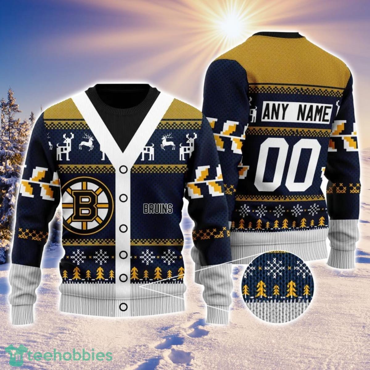 NHL Boston Bruins Personalized Name And Number All Over Print 3D Ugly Christmas Sweater Christmas Gift