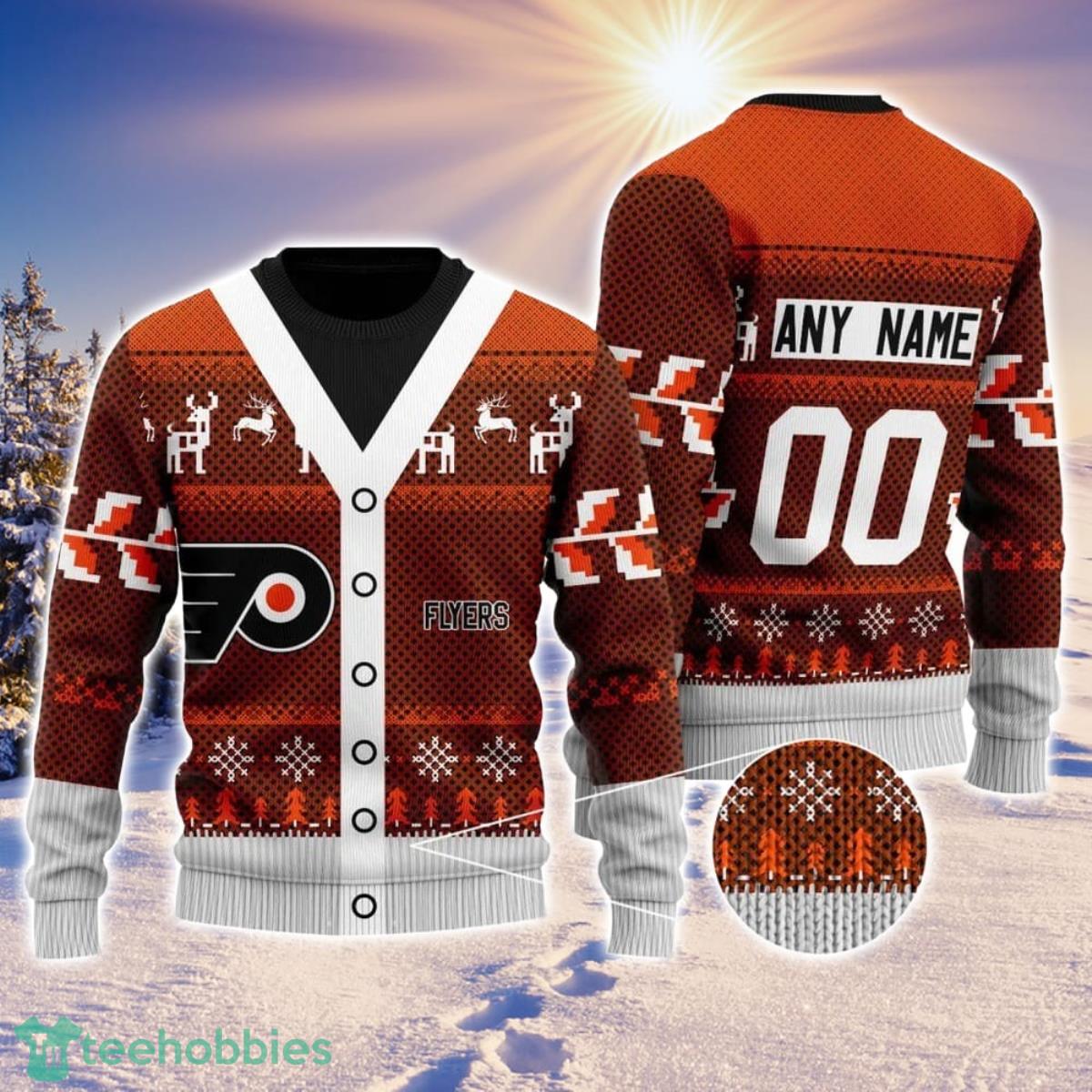 NHL Philadelphia Flyers Personalized Name And Number All Over Print 3D Ugly Christmas Sweater Christmas Gift