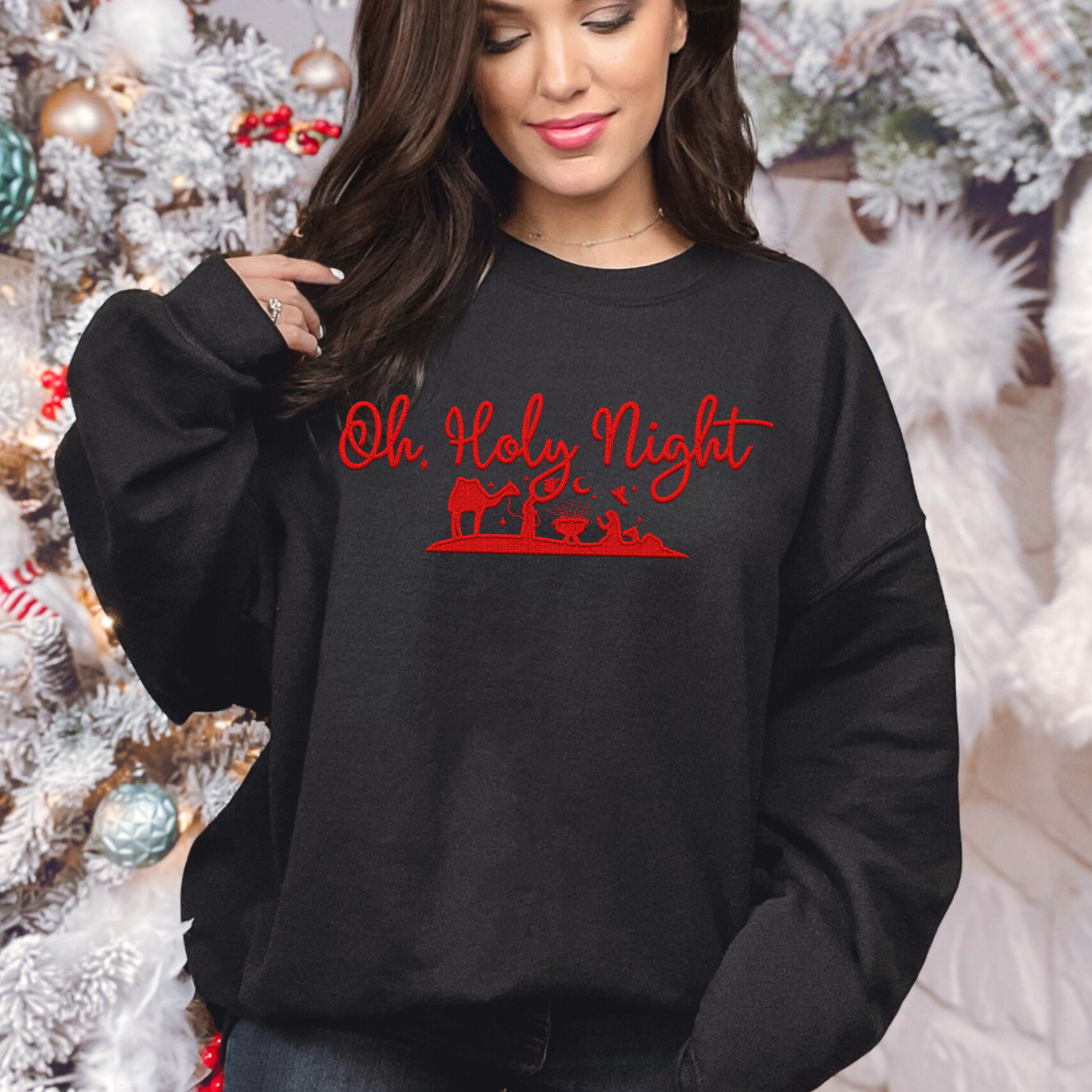 OH HOLY NIGHT FAUX EMBROID SWEATSHIRT T-Shirts, Hoodie | PureTeeCo.com (Image 1)
