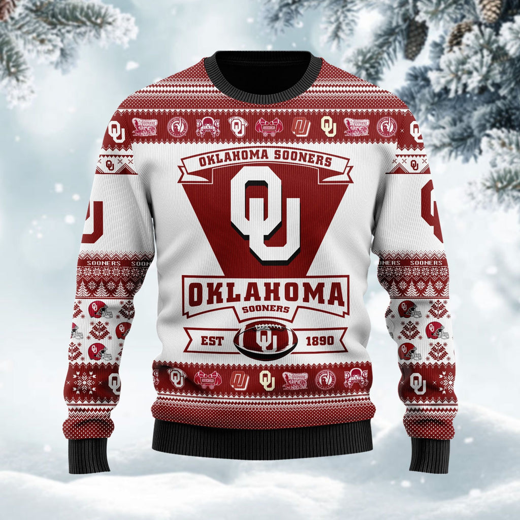 Oklahoma Sooners Football Team Logo Custom Name Personalized Ugly Christmas Sweater Perfect Holiday Gift