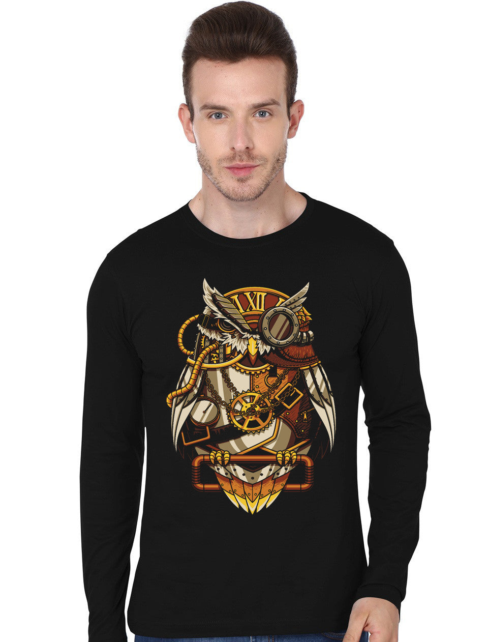 SteamPunk Owl Black Full Sleeve T-Shirt Hoodie, Sweatshirt | PureTeeCo.com