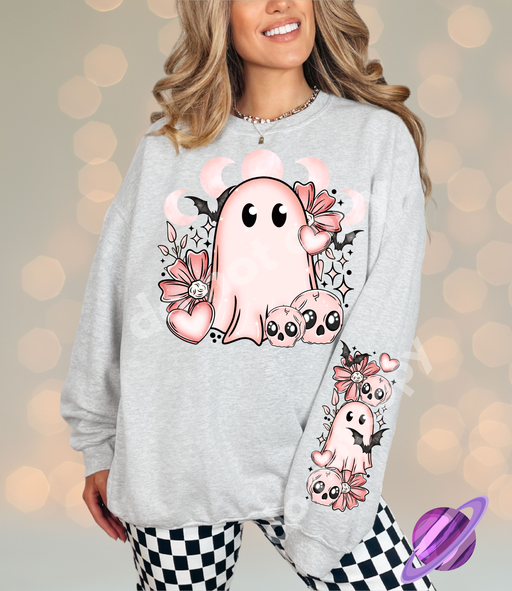 PINK GHOST - CREWNECK SWEATSHIRT W/ SLEEVE PRINT T-Shirts, Hoodie | PureTeeCo.com (Image 1)