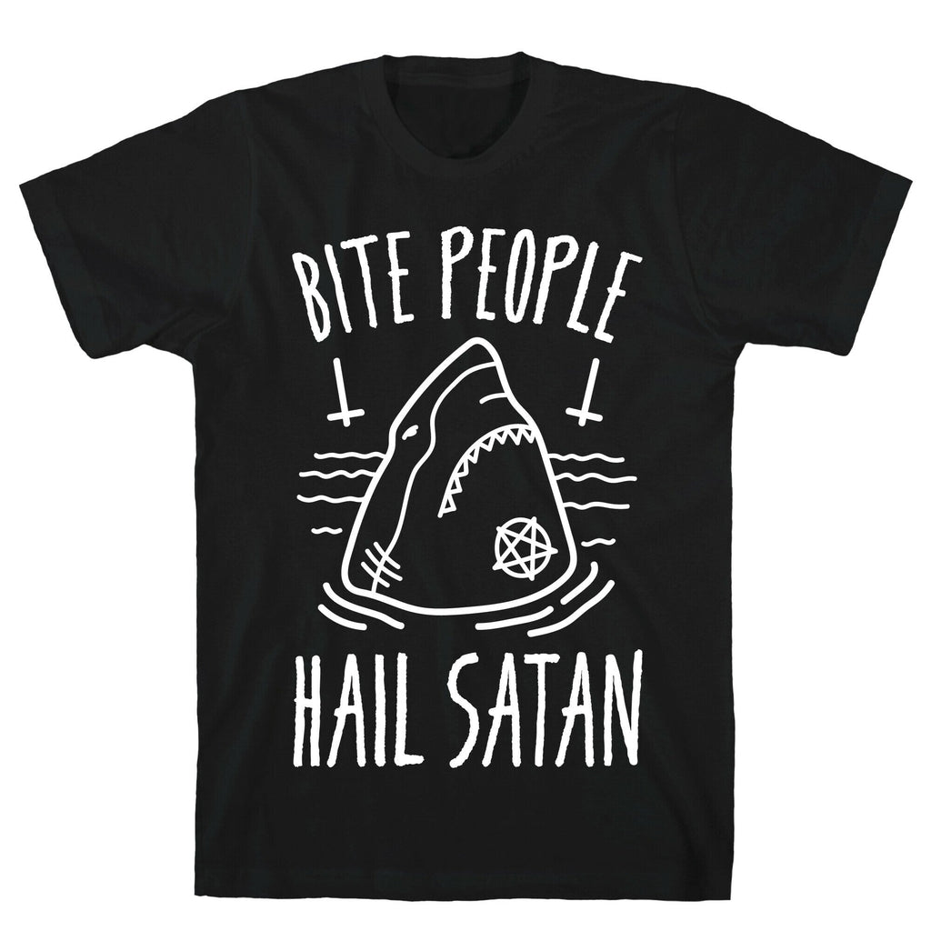 Bite People Hail Satan - Shark (White) T-Shirt Hoodie, Sweatshirt | PureTeeCo.com (Image 1)