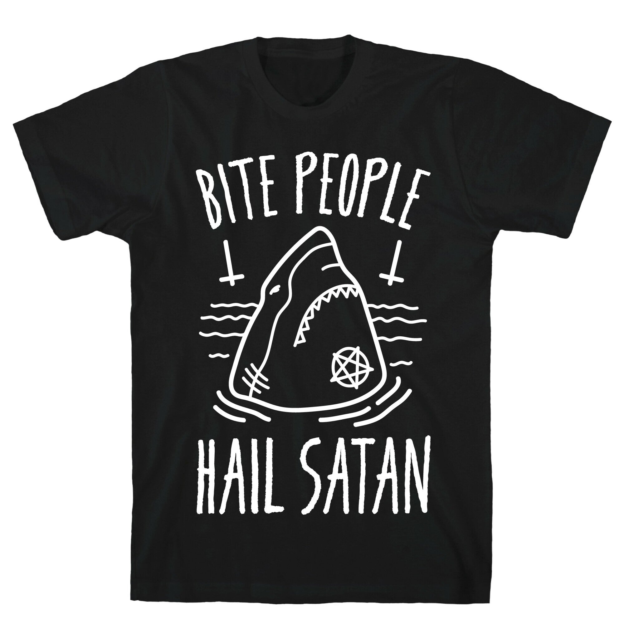 Bite People Hail Satan - Shark (White) T-Shirt Hoodie, Sweatshirt | PureTeeCo.com (Image 1)