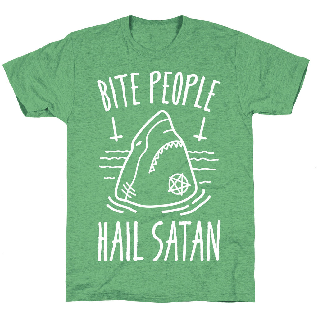 Bite People Hail Satan - Shark (White) Unisex Triblend Tee Hoodie, Sweatshirt | PureTeeCo.com (Image 2)