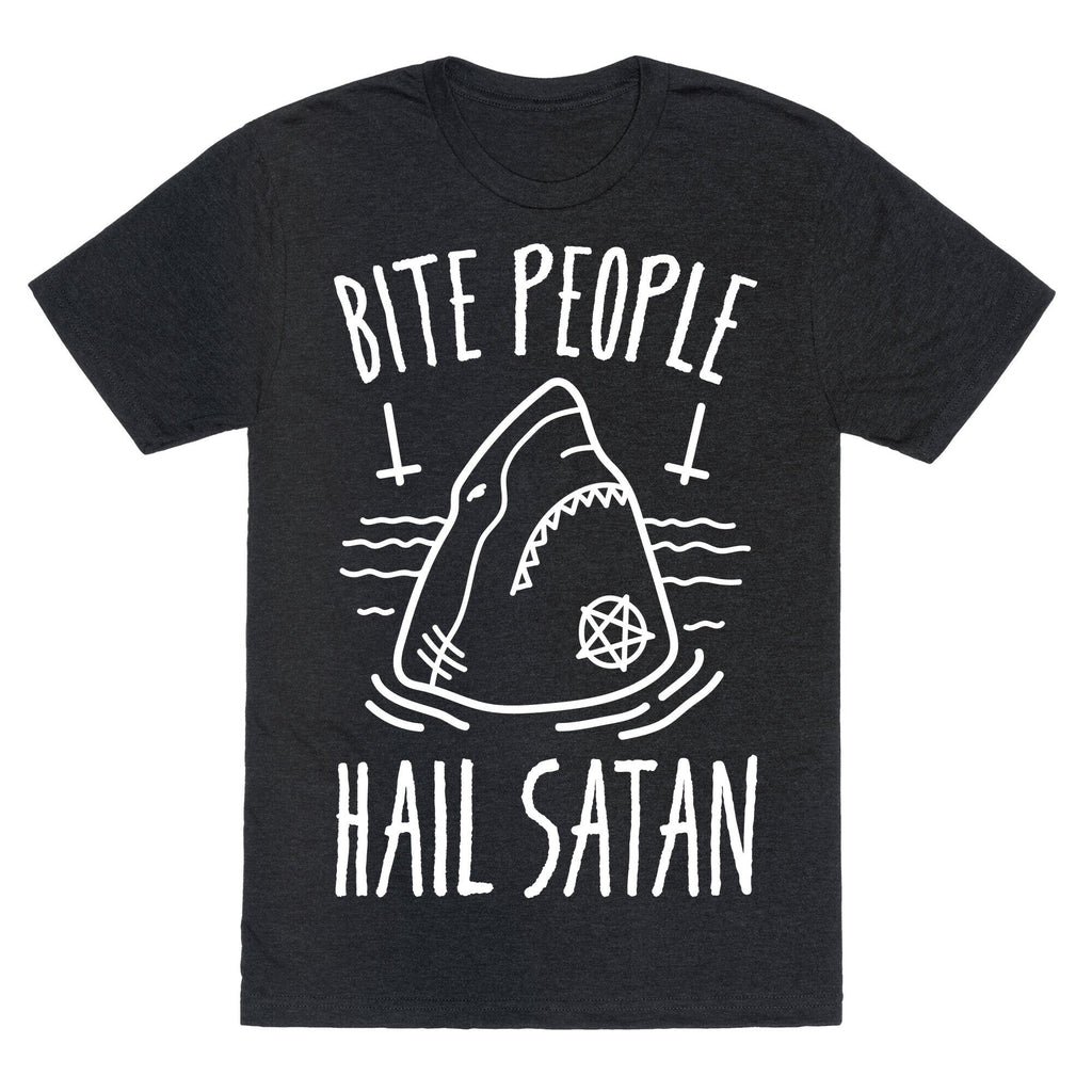 Bite People Hail Satan - Shark (White) Unisex Triblend Tee Hoodie, Sweatshirt | PureTeeCo.com (Image 1)