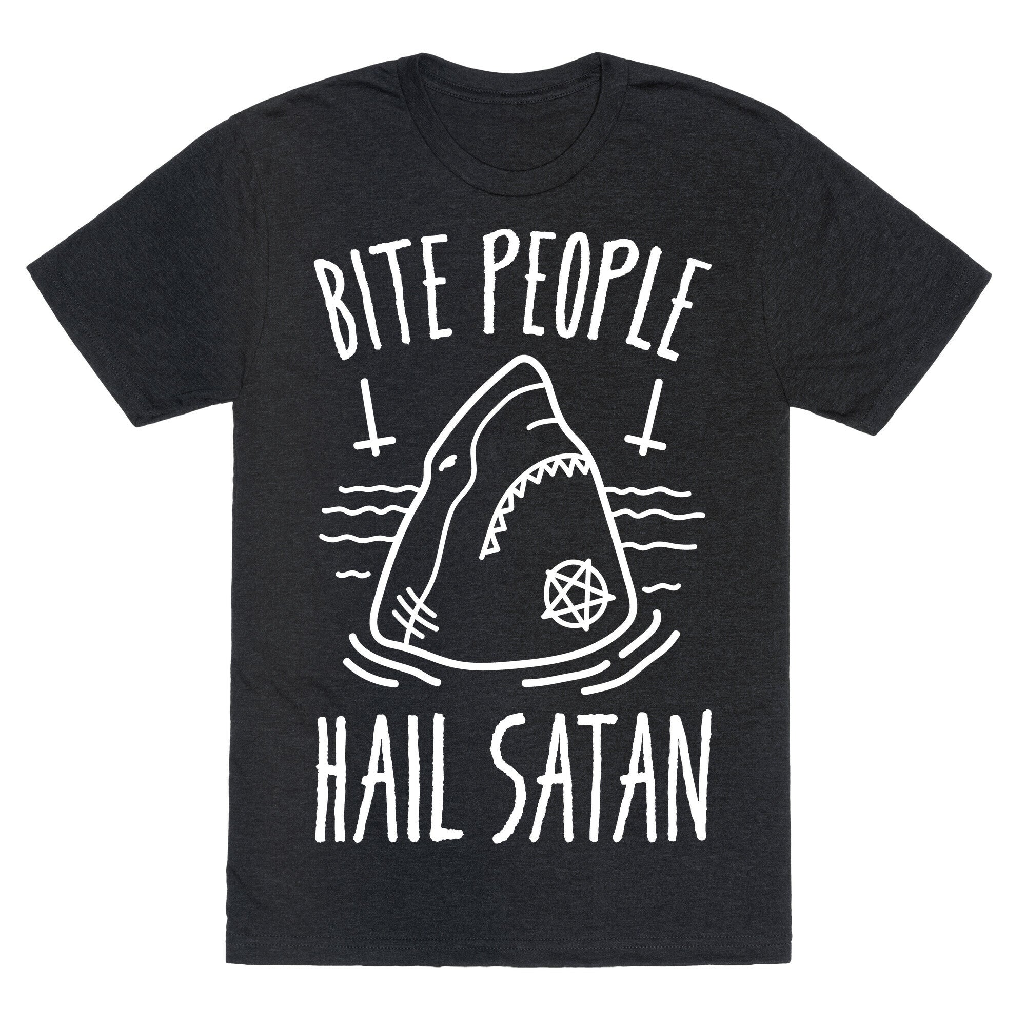 Bite People Hail Satan - Shark (White) Unisex Triblend Tee Hoodie, Sweatshirt | PureTeeCo.com (Image 1)