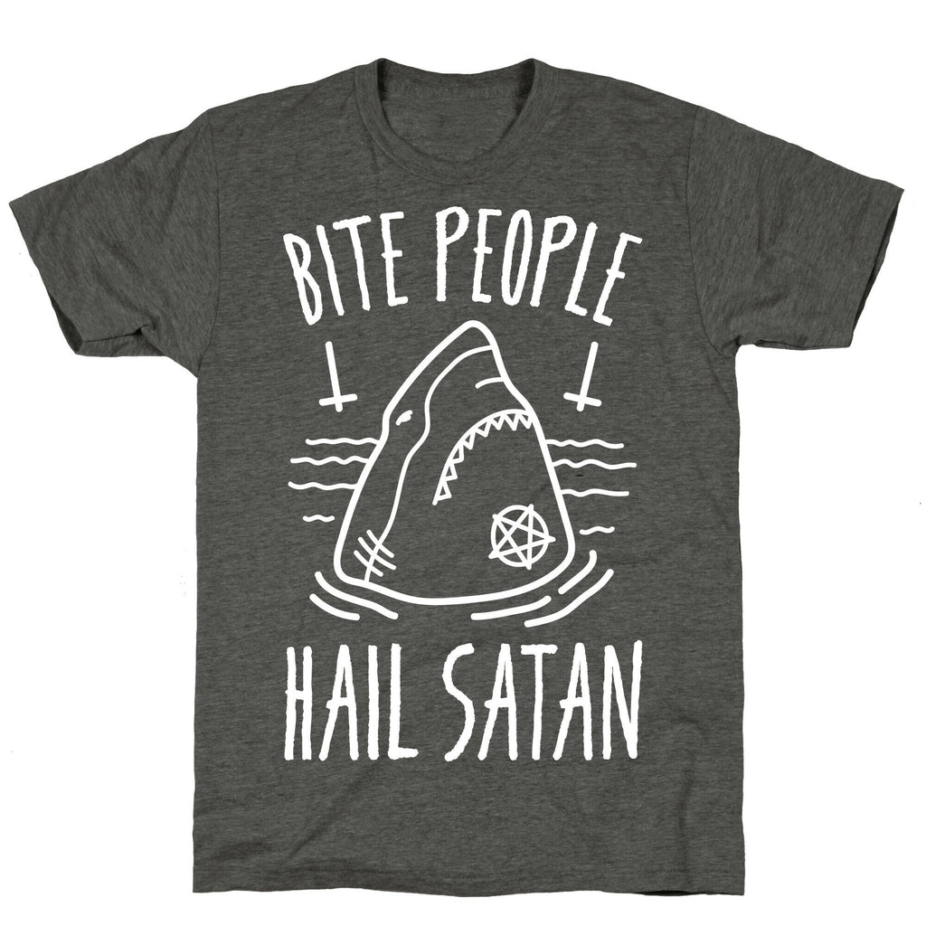Bite People Hail Satan - Shark (White) Unisex Triblend Tee Hoodie, Sweatshirt | PureTeeCo.com (Image 3)