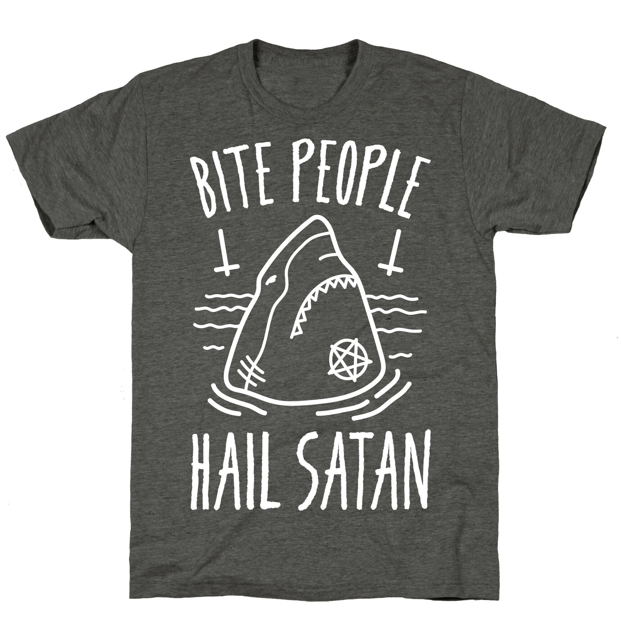 Bite People Hail Satan - Shark (White) Unisex Triblend Tee Hoodie, Sweatshirt | PureTeeCo.com (Image 3)