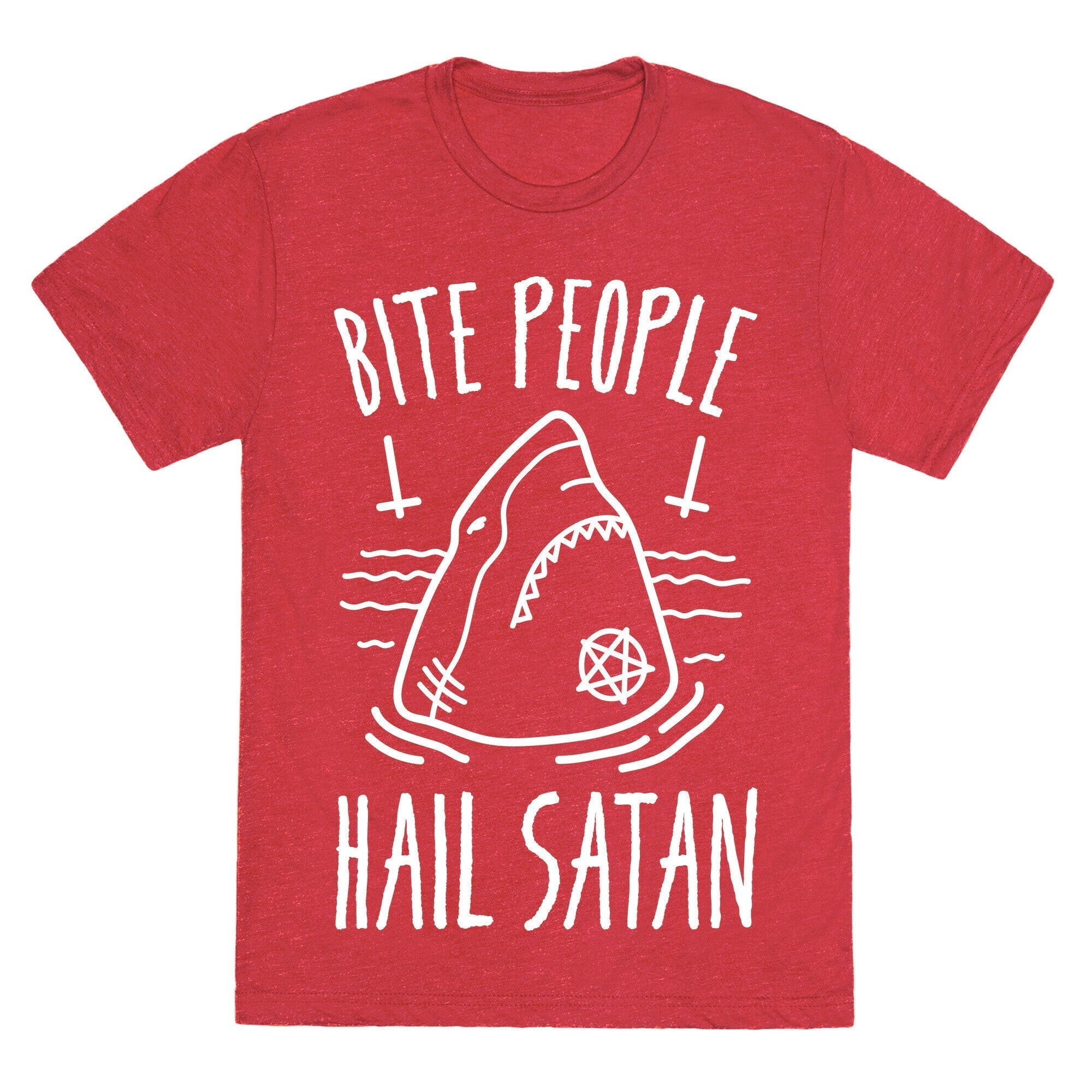 Bite People Hail Satan - Shark (White) Unisex Triblend Tee Hoodie, Sweatshirt | PureTeeCo.com (Image 4)