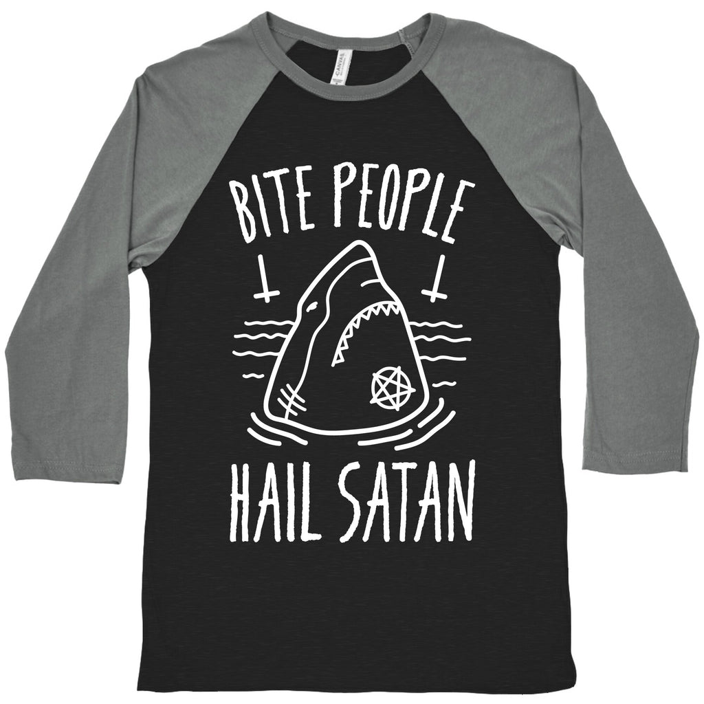 Bite People Hail Satan - Shark (White) Baseball Tee Hoodie, Sweatshirt | PureTeeCo.com (Image 1)
