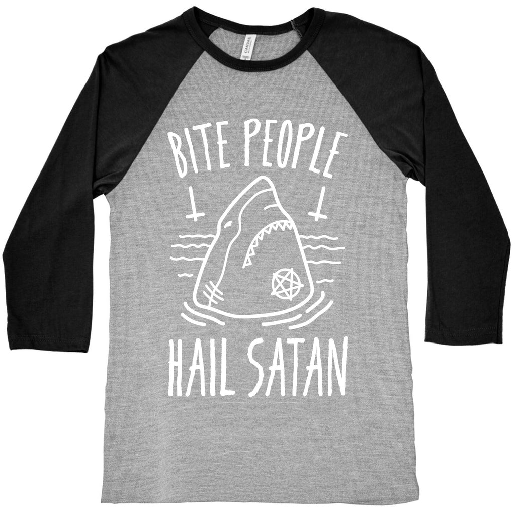 Bite People Hail Satan - Shark (White) Baseball Tee Hoodie, Sweatshirt | PureTeeCo.com (Image 2)