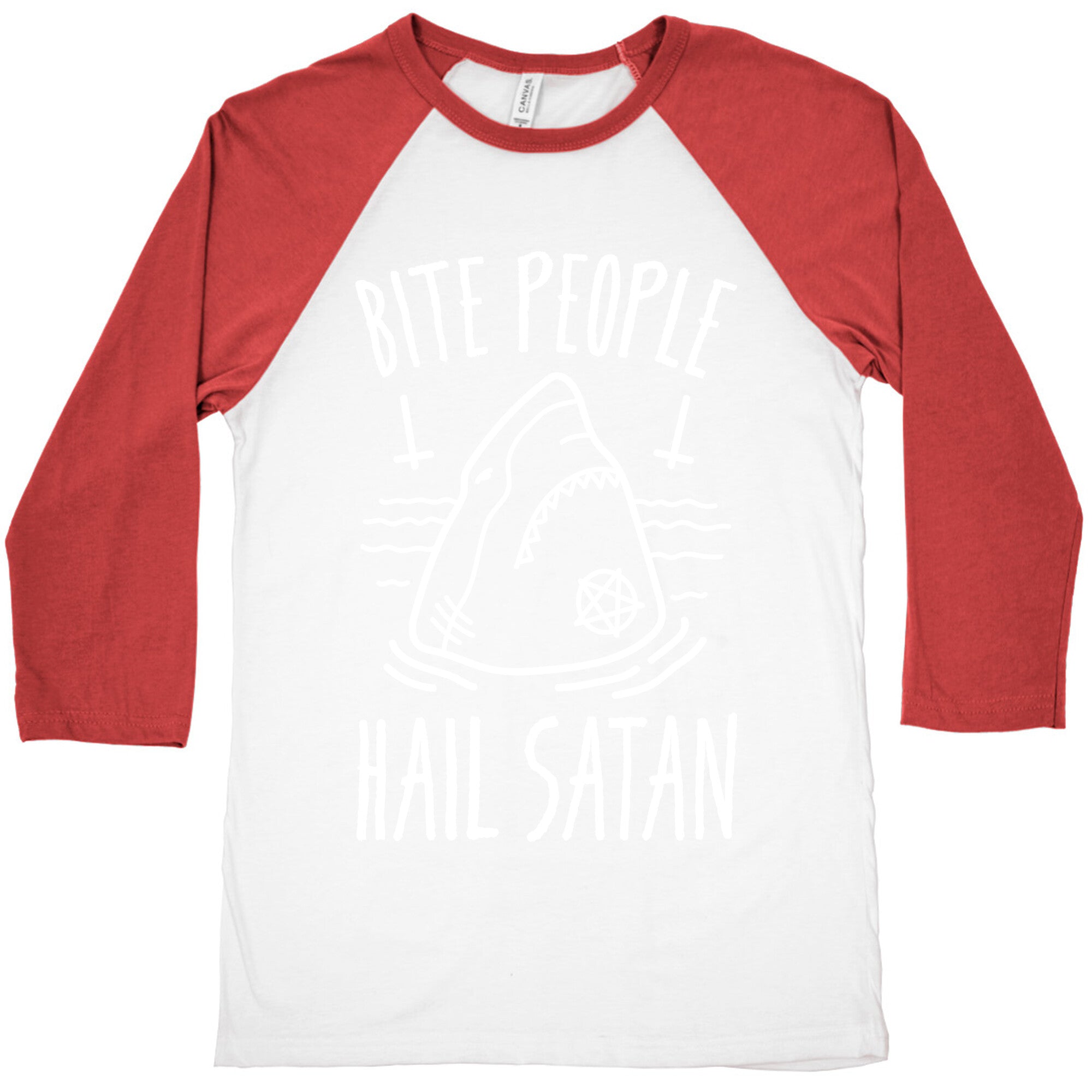Bite People Hail Satan - Shark (White) Baseball Tee Hoodie, Sweatshirt | PureTeeCo.com (Image 4)