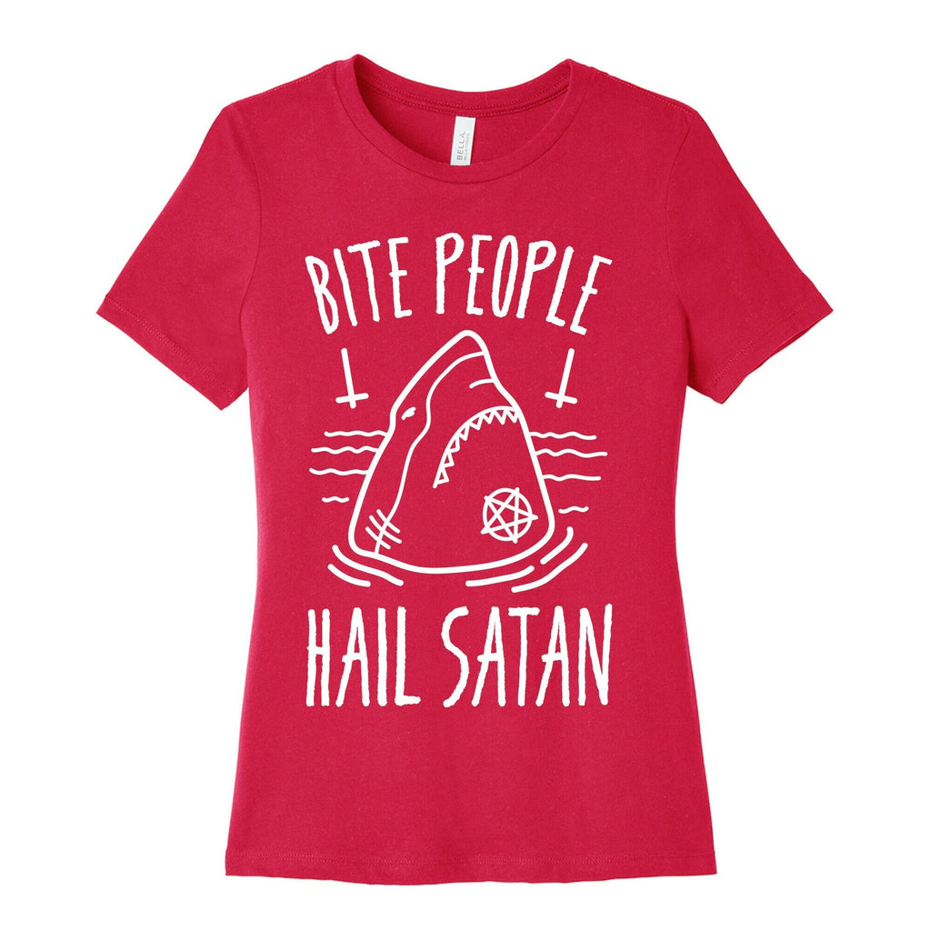 Bite People Hail Satan - Shark (White) Women's Cotton Tee Hoodie, Sweatshirt | PureTeeCo.com (Image 2)