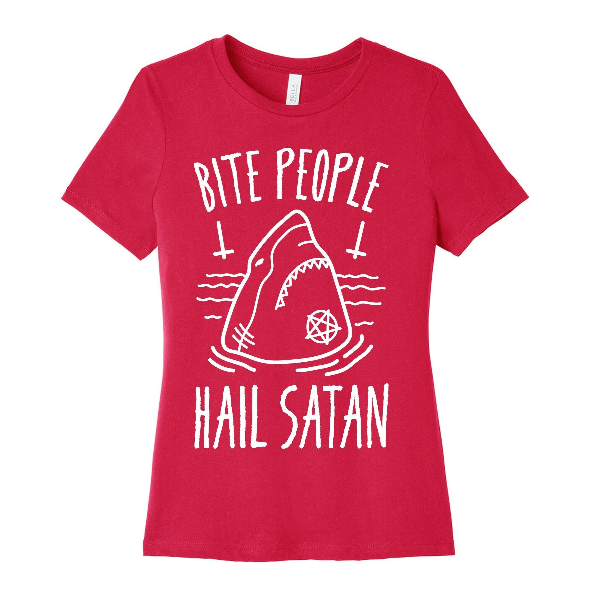 Bite People Hail Satan - Shark (White) Women's Cotton Tee Hoodie, Sweatshirt | PureTeeCo.com (Image 2)