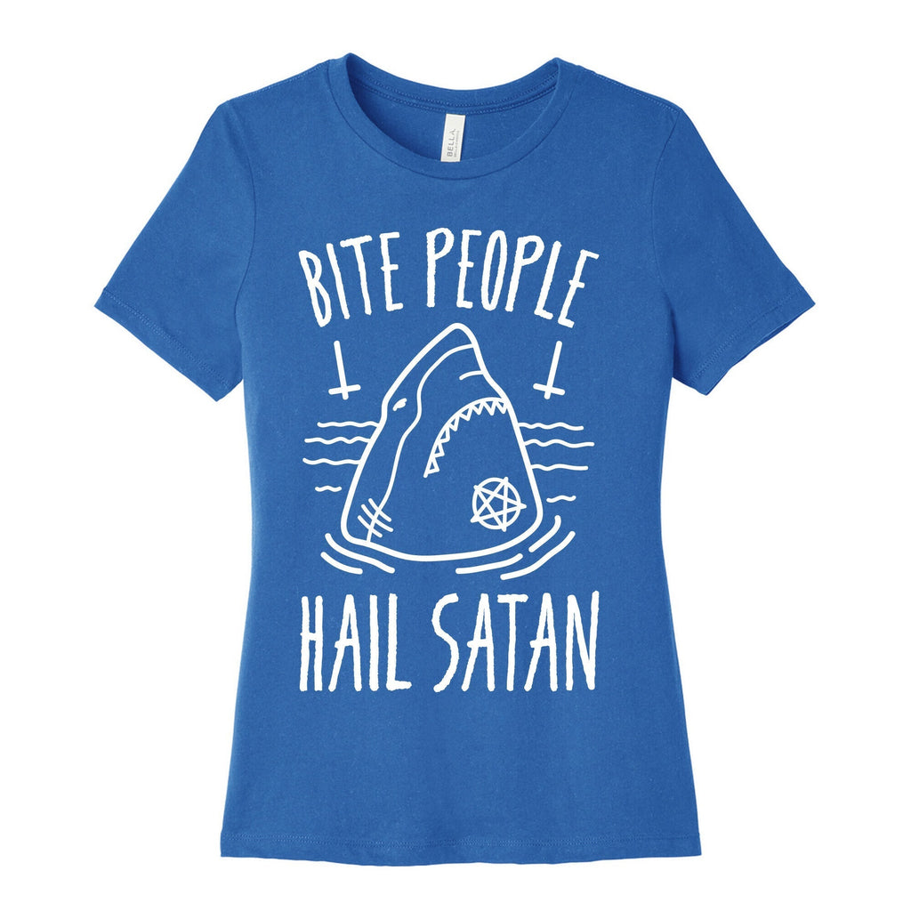 Bite People Hail Satan - Shark (White) Women's Cotton Tee Hoodie, Sweatshirt | PureTeeCo.com (Image 3)