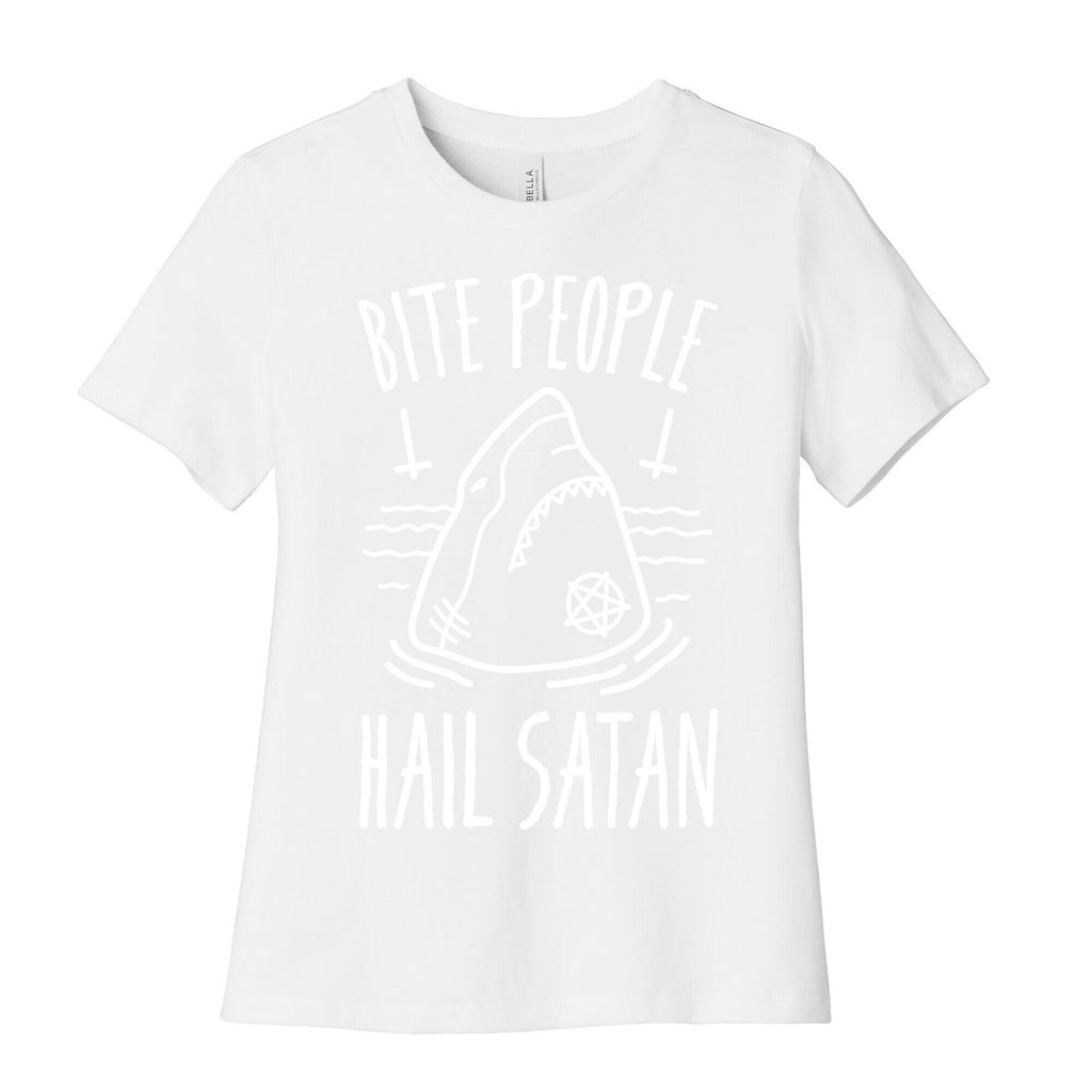 Bite People Hail Satan - Shark (White) Women's Cotton Tee Hoodie, Sweatshirt | PureTeeCo.com (Image 4)