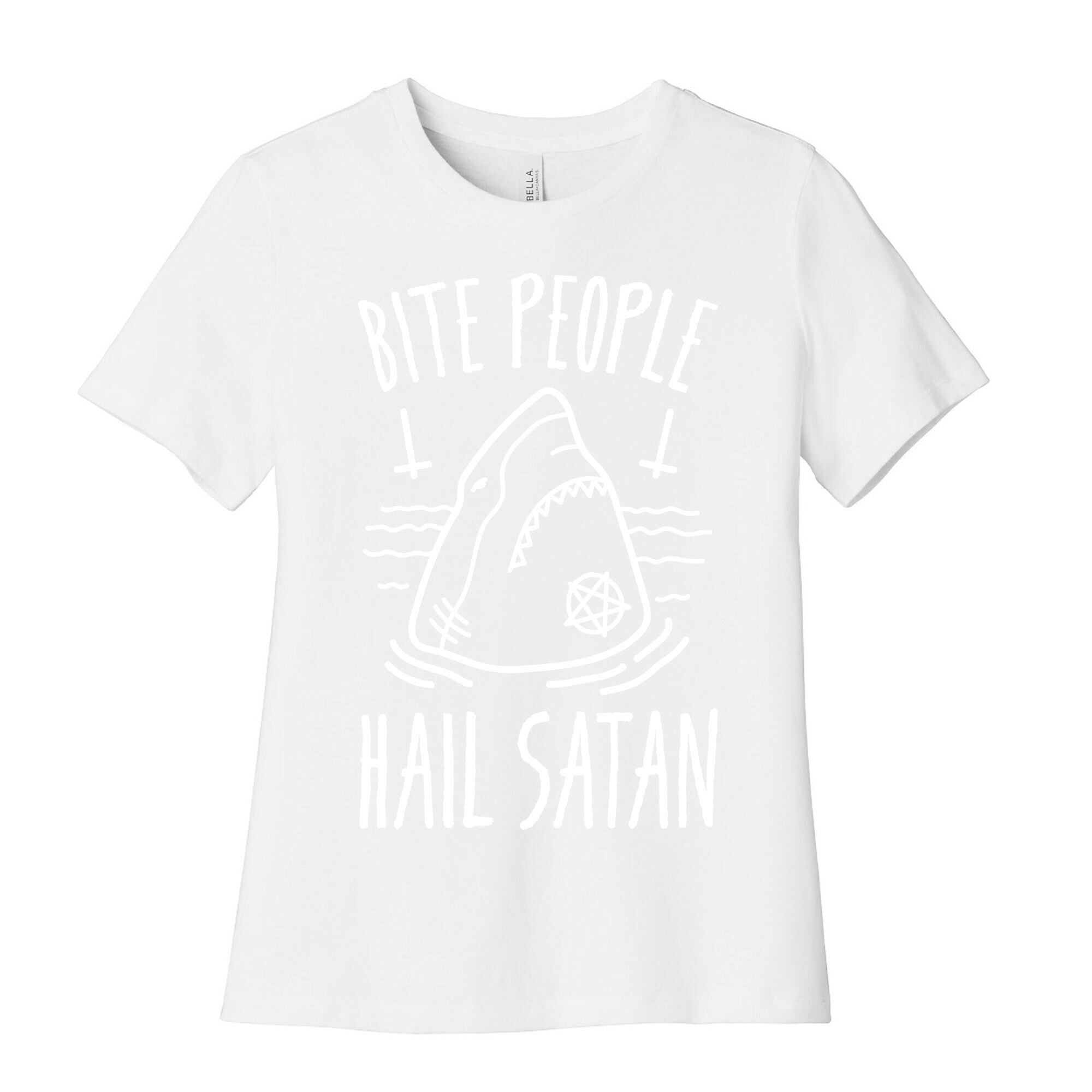 Bite People Hail Satan - Shark (White) Women's Cotton Tee Hoodie, Sweatshirt | PureTeeCo.com (Image 4)