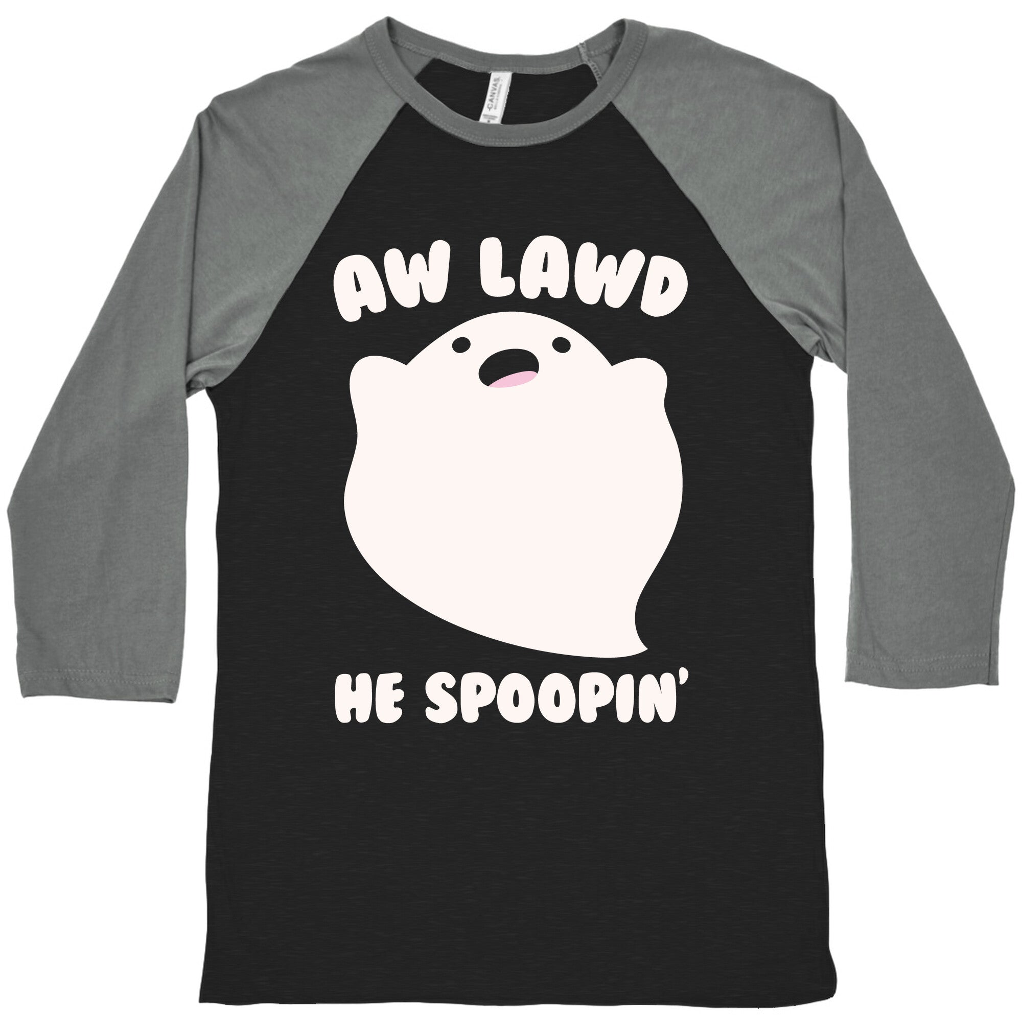 Aw Lawd He Spoopin' Ghost Parody White Print Baseball Tee Hoodie, Sweatshirt | PureTeeCo.com (Image 1)