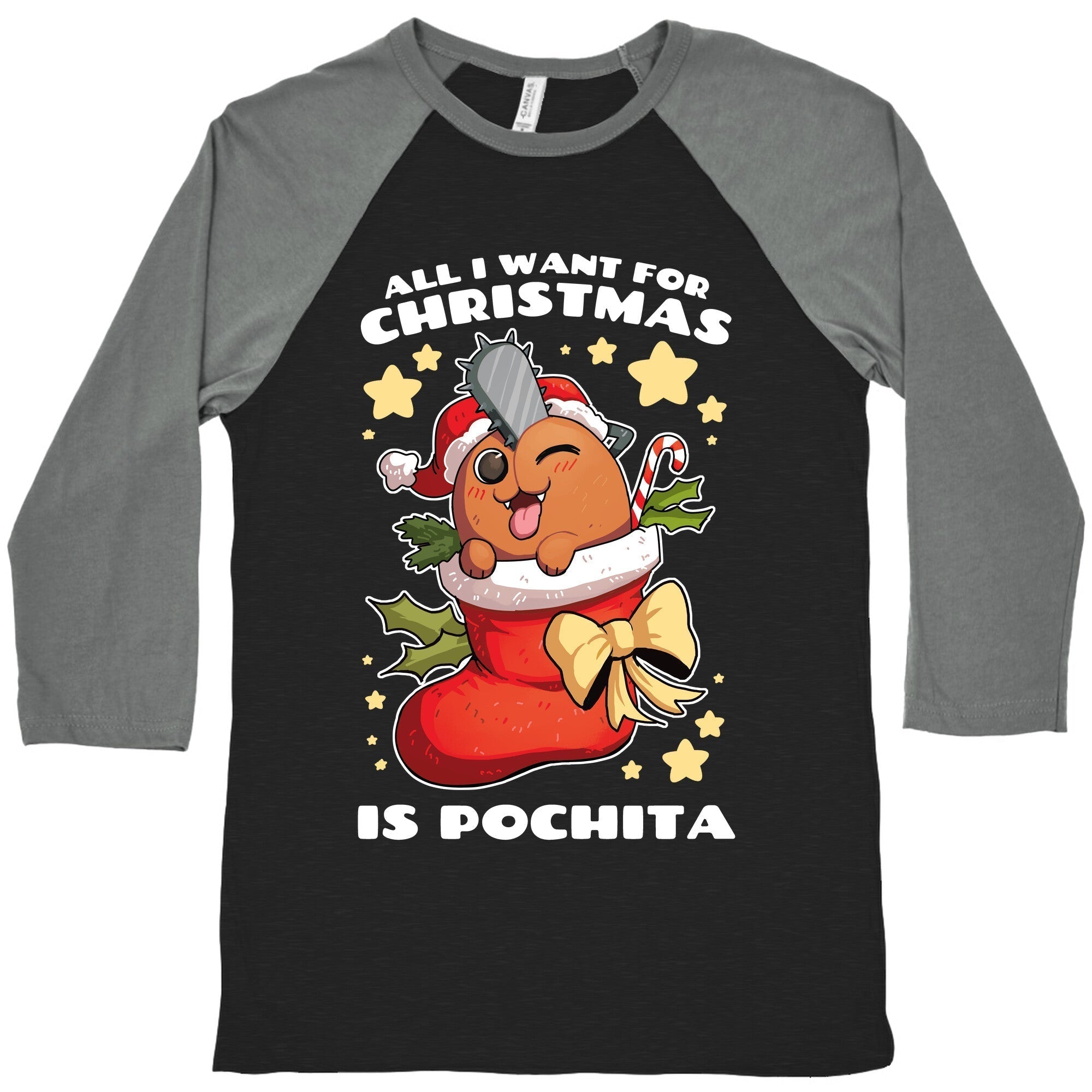 All I Want For Christmas Is Pochita Baseball Tee Hoodie, Sweatshirt | PureTeeCo.com (Image 1)