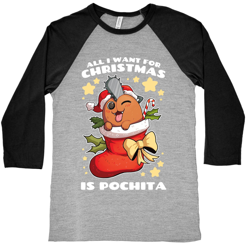All I Want For Christmas Is Pochita Baseball Tee Hoodie, Sweatshirt | PureTeeCo.com (Image 2)