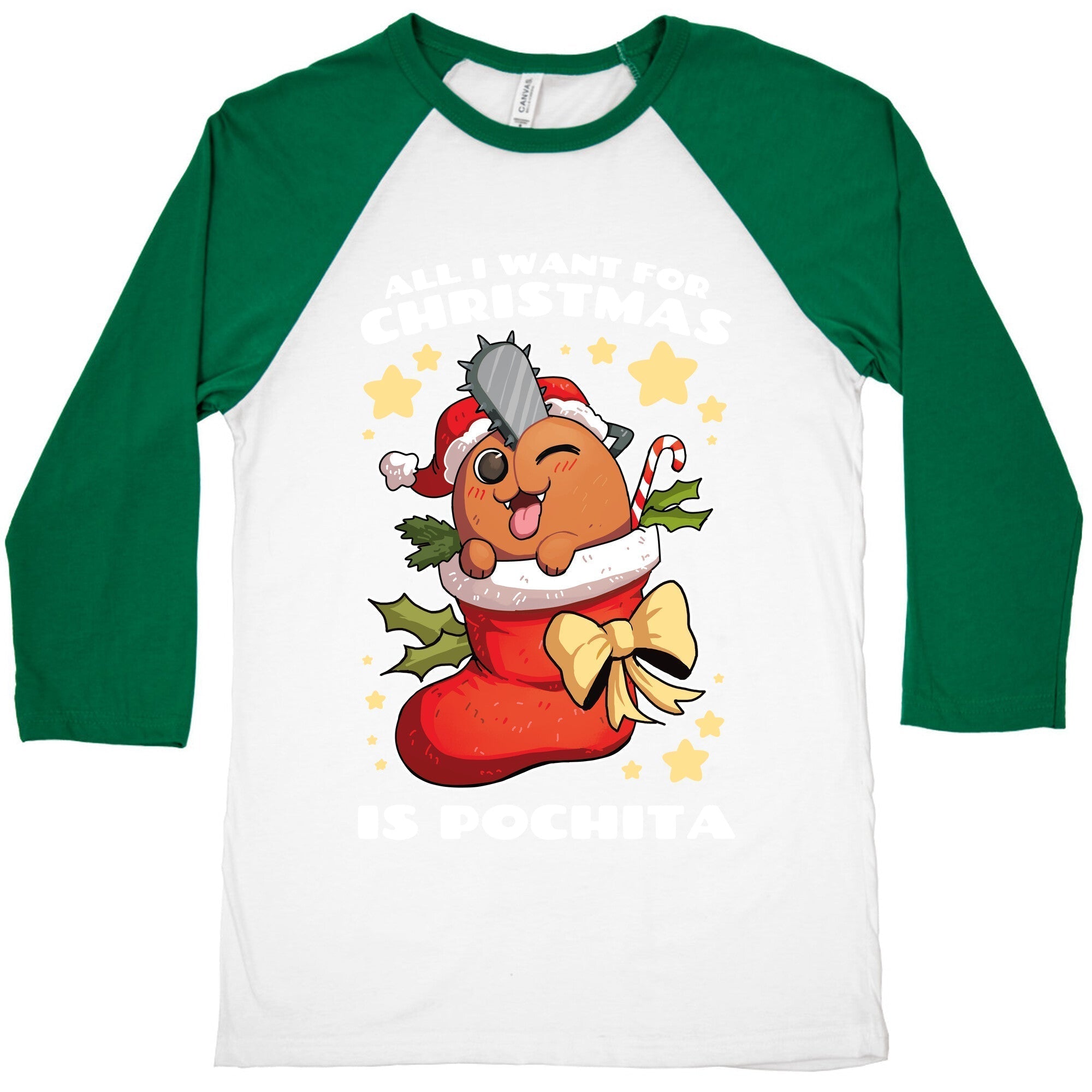 All I Want For Christmas Is Pochita Baseball Tee Hoodie, Sweatshirt | PureTeeCo.com (Image 3)