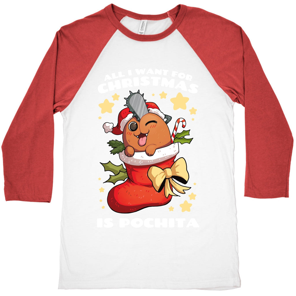 All I Want For Christmas Is Pochita Baseball Tee Hoodie, Sweatshirt | PureTeeCo.com (Image 4)