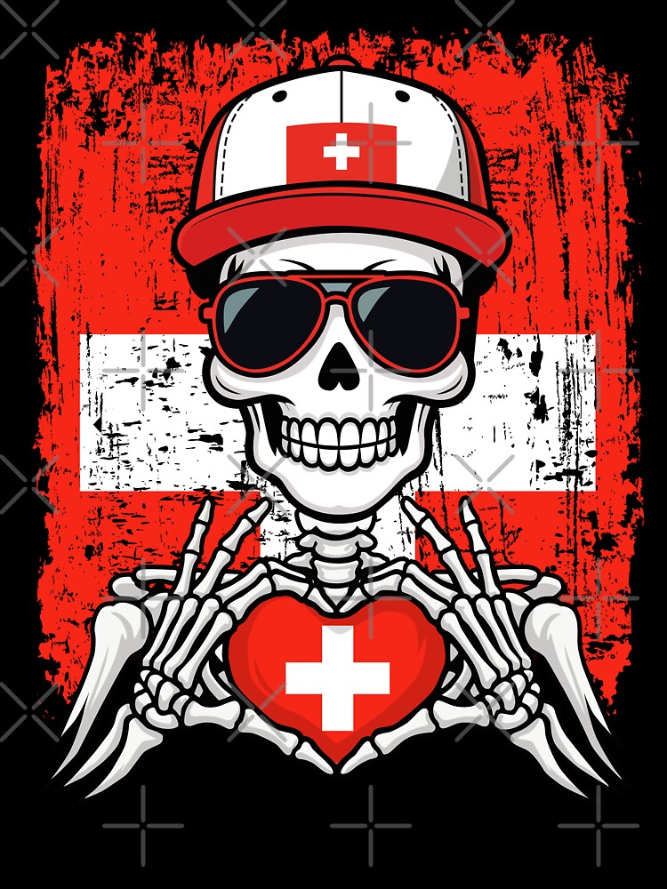 Swiss Pride Skeleton Art - Switzerland Football & Swiss Cross Spirit Tee by Colorful Designs